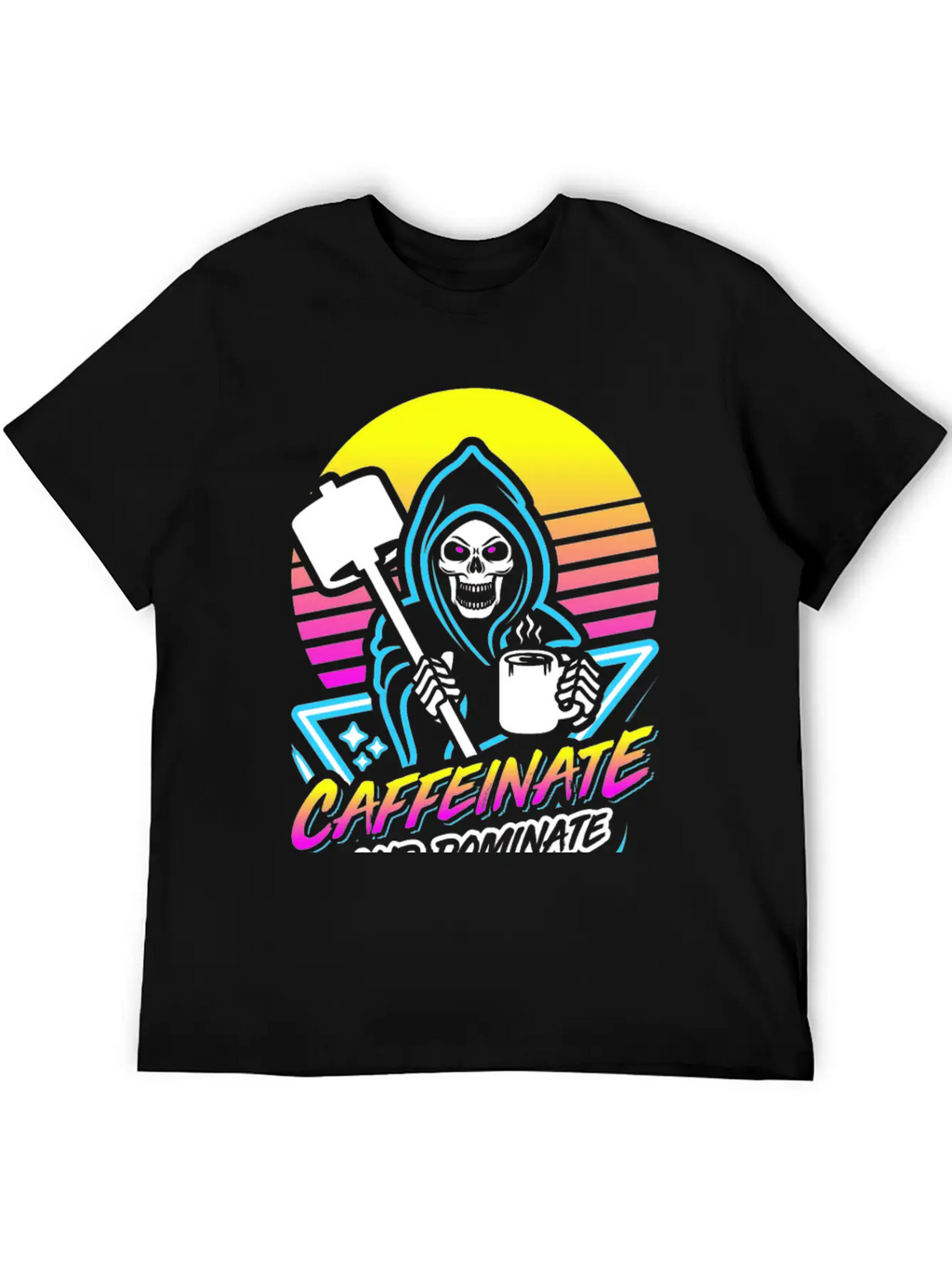 Caffeinate And Dominate (Gym Reaper) Retro Neon Basic Graphic T-Shirt – Daily Comfort In Soft Cotton
