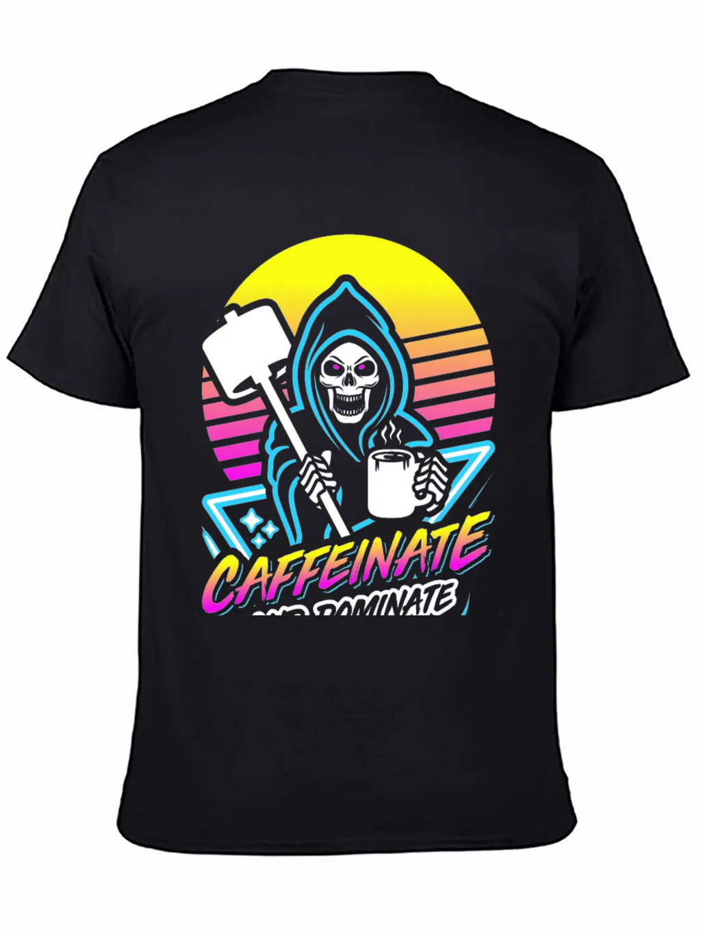 Caffeinate And Dominate (Gym Reaper) Retro Neon Basic Graphic T-Shirt – Daily Comfort In Soft Cotton