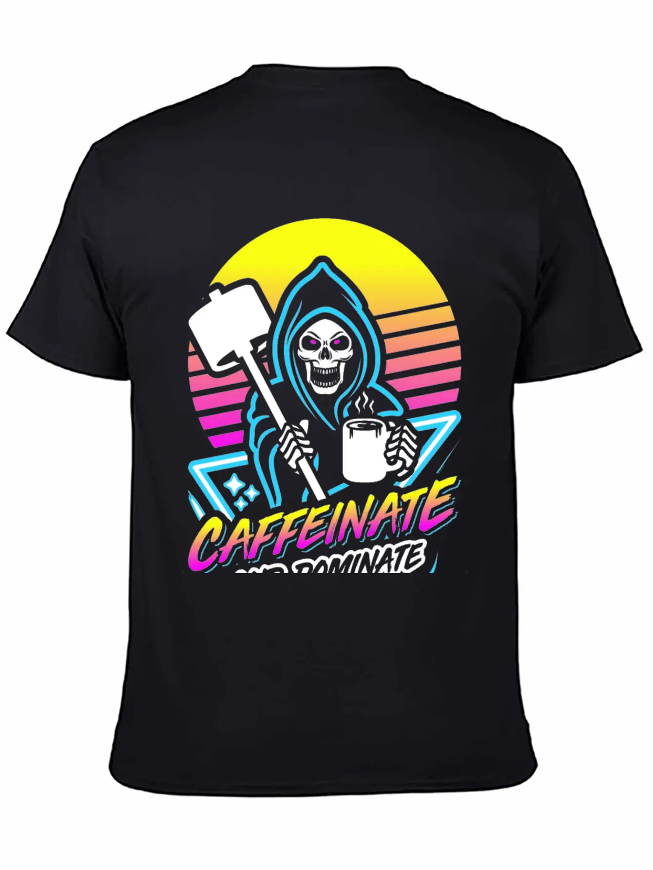 Caffeinate And Dominate (Gym Reaper) Retro Neon Basic Graphic T-Shirt – Daily Comfort In Soft Cotton