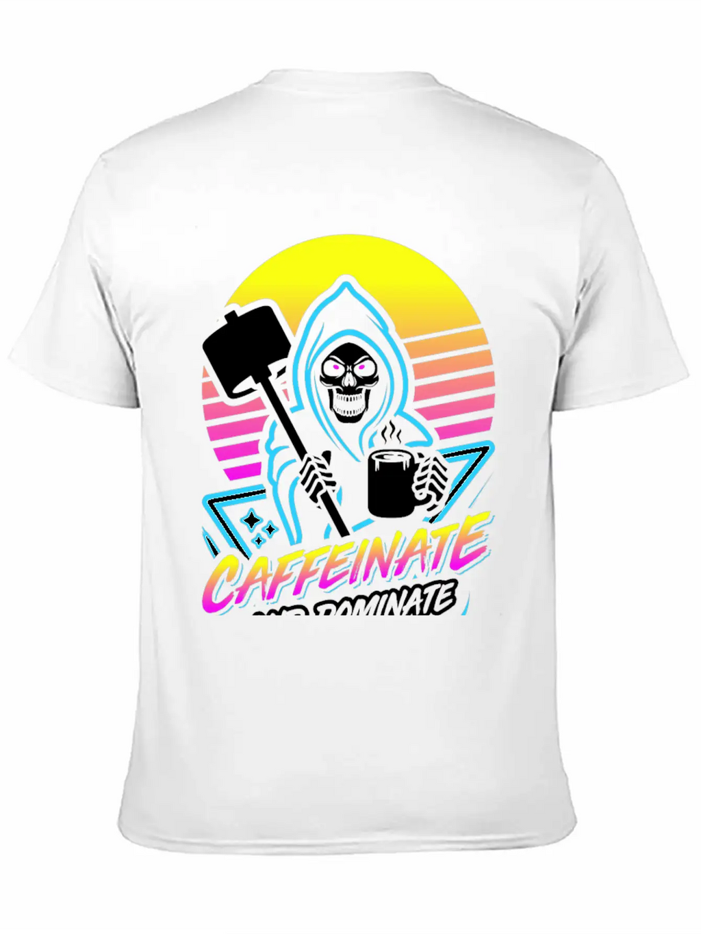 Caffeinate And Dominate (Gym Reaper) Retro Neon Basic Graphic T-Shirt – Daily Comfort In Soft Cotton