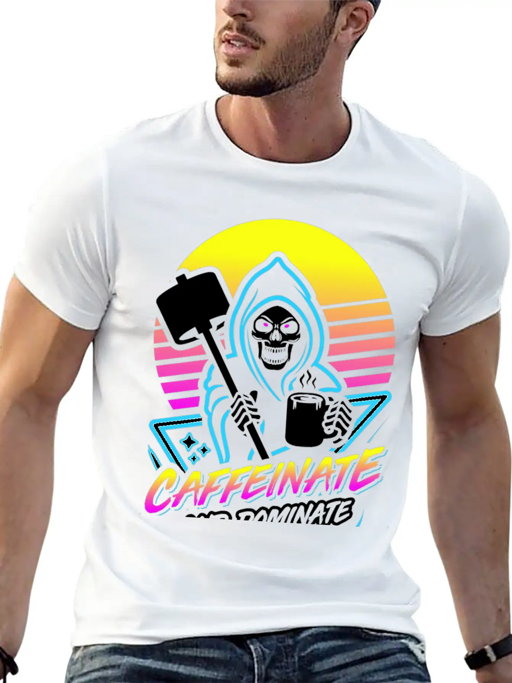 Caffeinate And Dominate (Gym Reaper) Retro Neon Basic Graphic T-Shirt – Daily Comfort In Soft Cotton