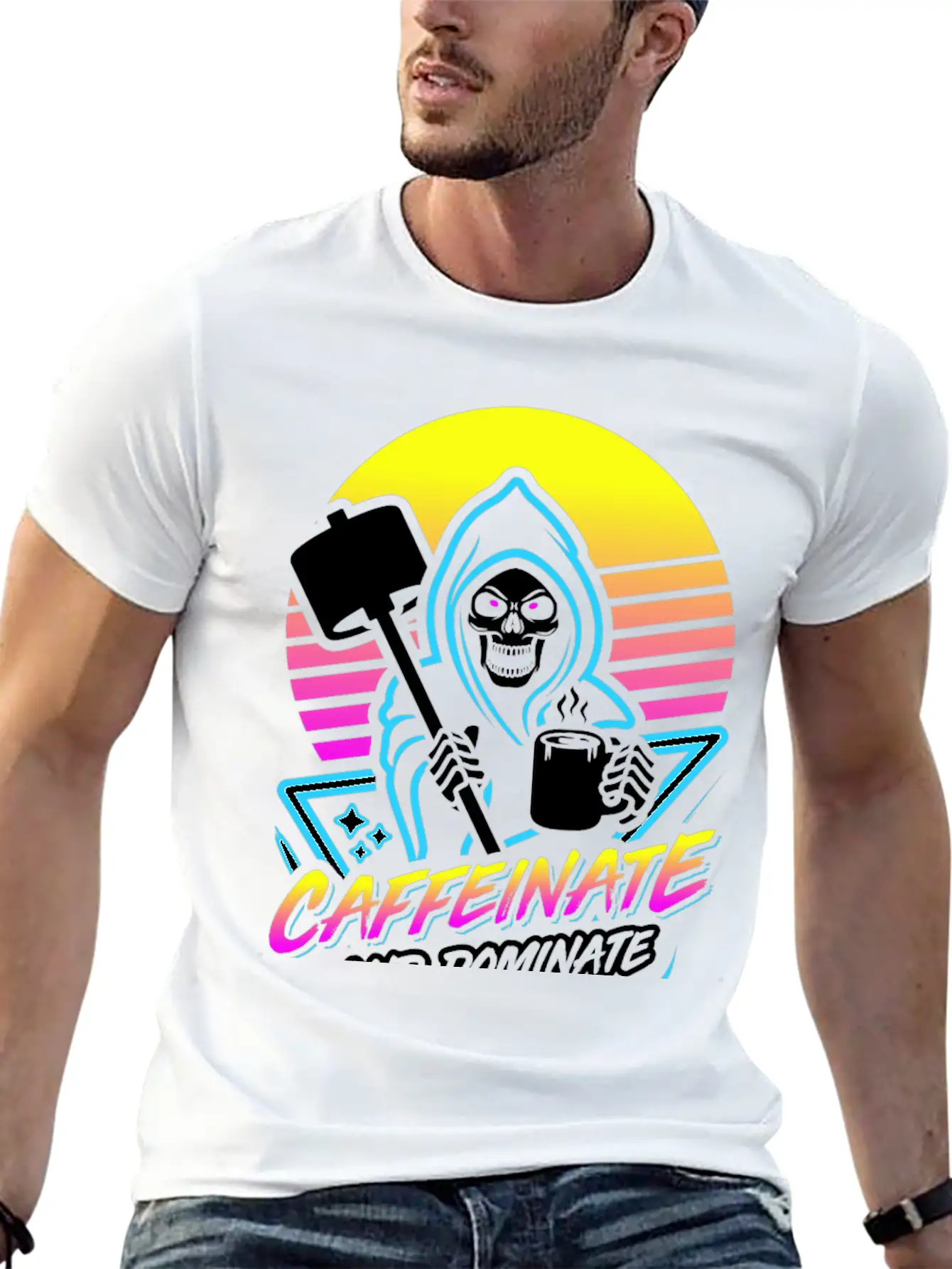 Caffeinate And Dominate (Gym Reaper) Retro Neon Basic Graphic T-Shirt – Daily Comfort In Soft Cotton