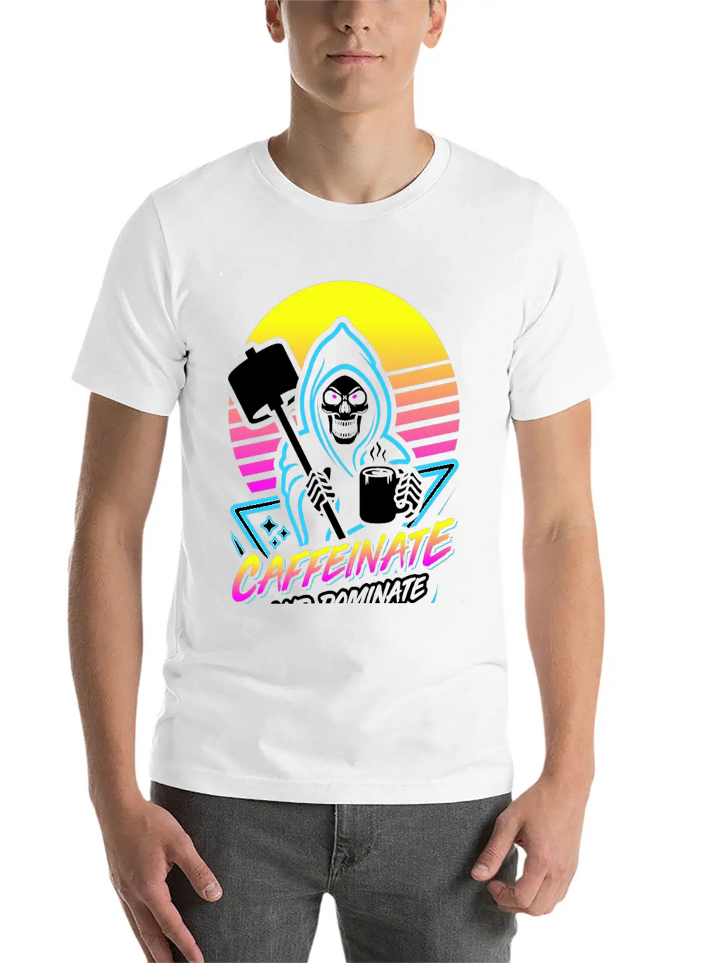 Caffeinate And Dominate (Gym Reaper) Retro Neon Basic Graphic T-Shirt – Daily Comfort In Soft Cotton