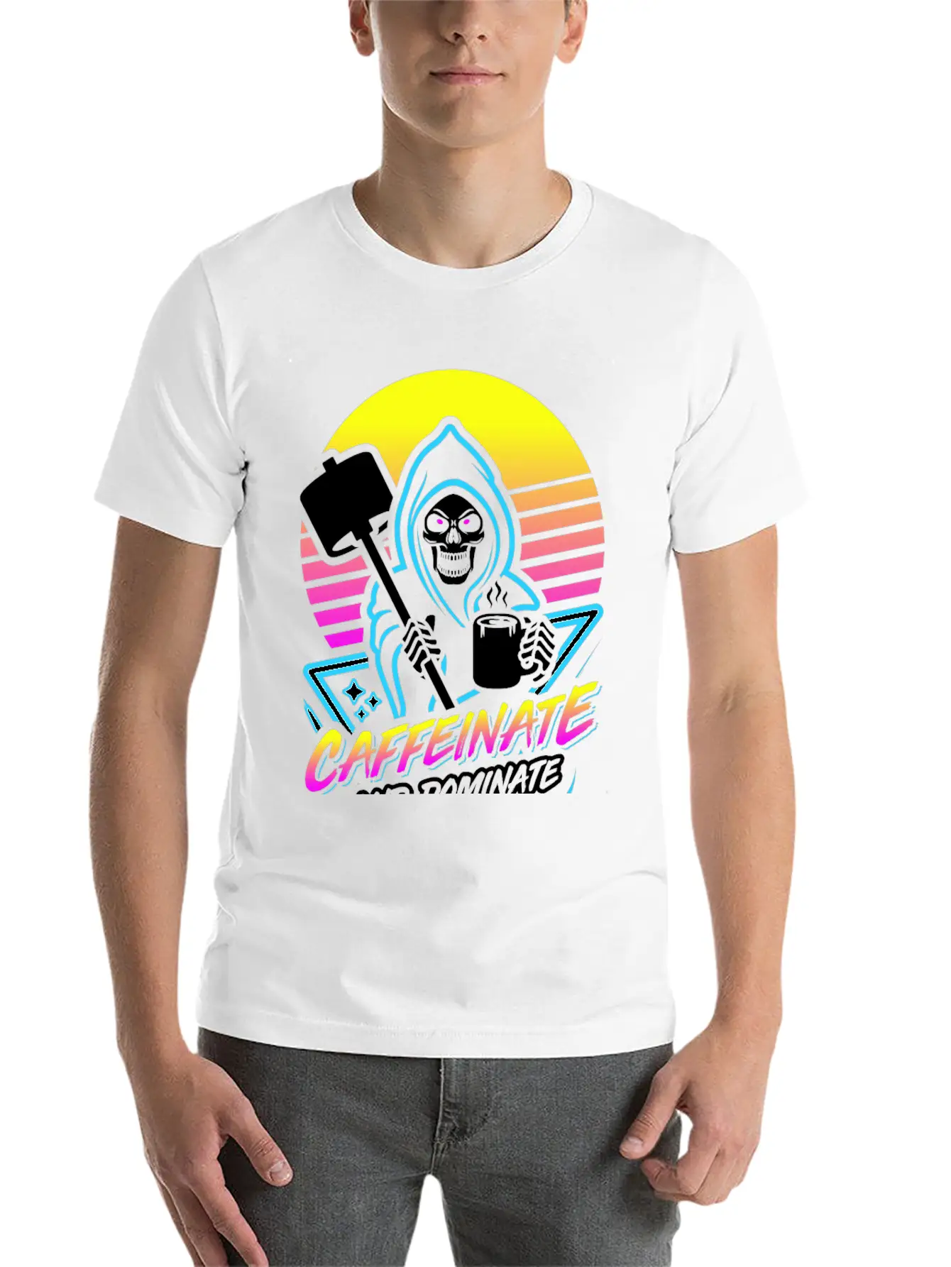 Caffeinate And Dominate (Gym Reaper) Retro Neon Basic Graphic T-Shirt – Daily Comfort In Soft Cotton
