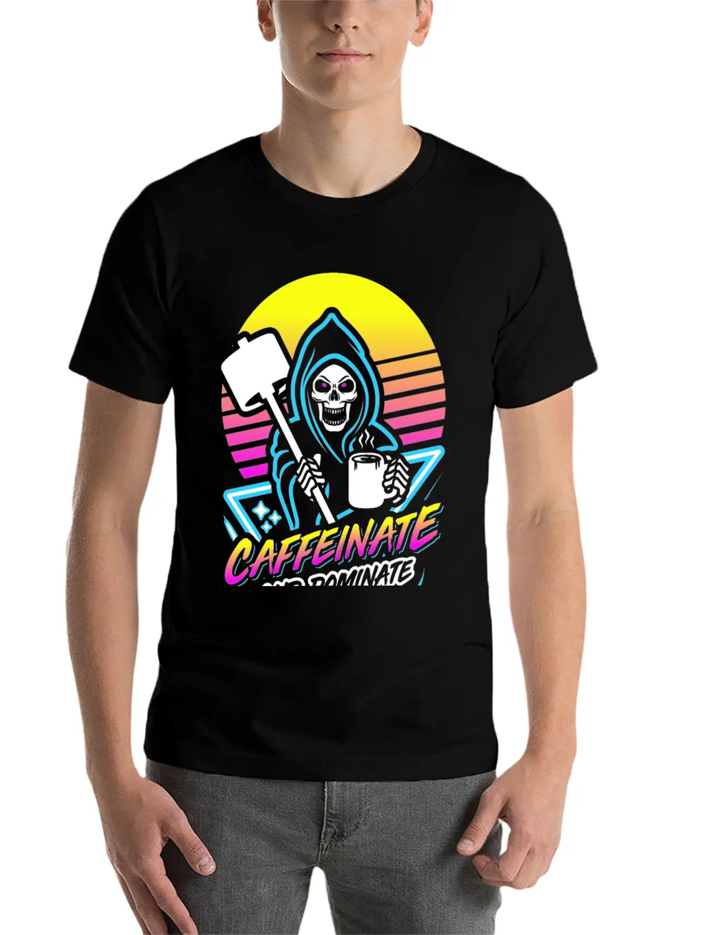 Caffeinate And Dominate (Gym Reaper) Retro Neon Basic Graphic T-Shirt – Daily Comfort In Soft Cotton