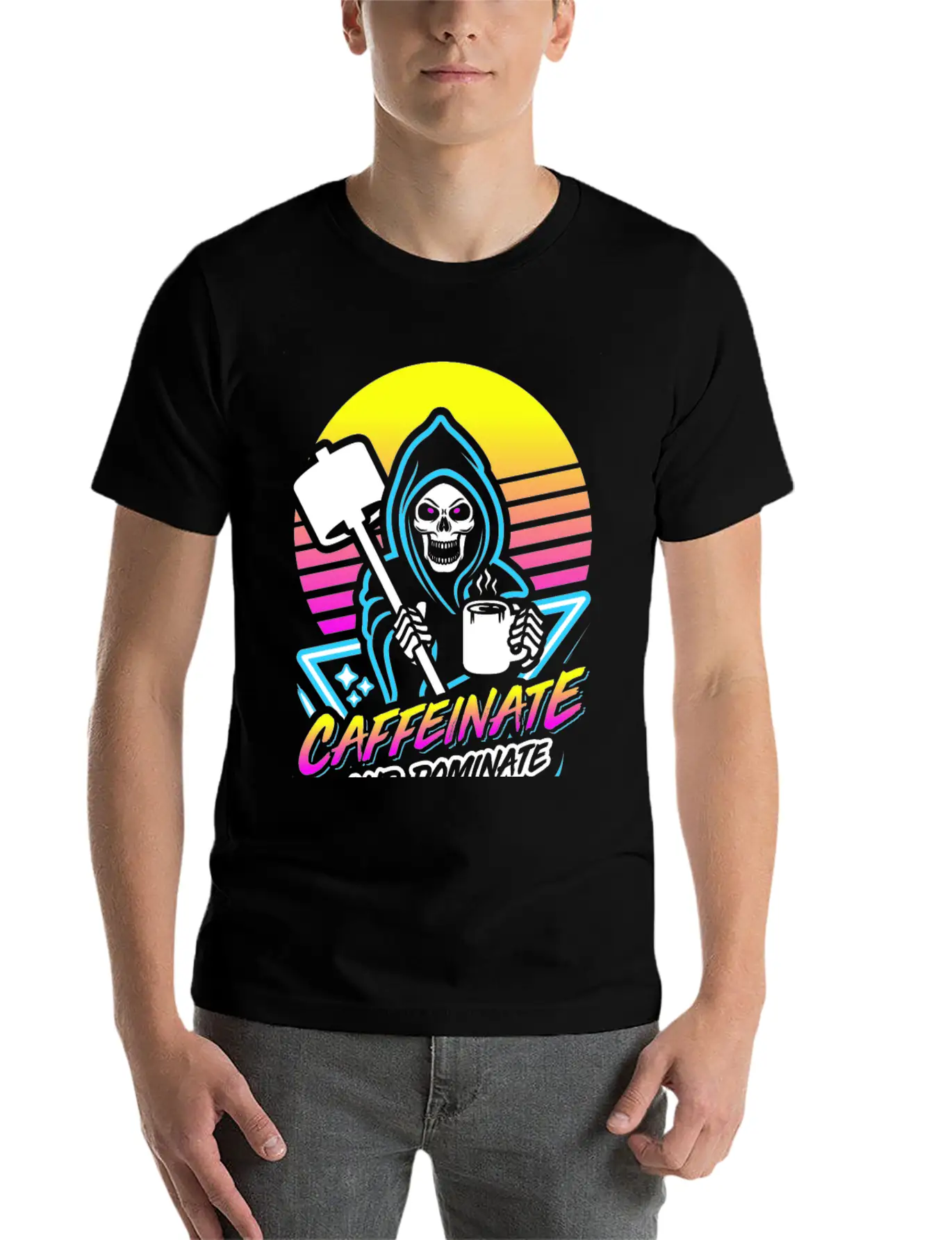 Caffeinate And Dominate (Gym Reaper) Retro Neon Basic Graphic T-Shirt – Daily Comfort In Soft Cotton