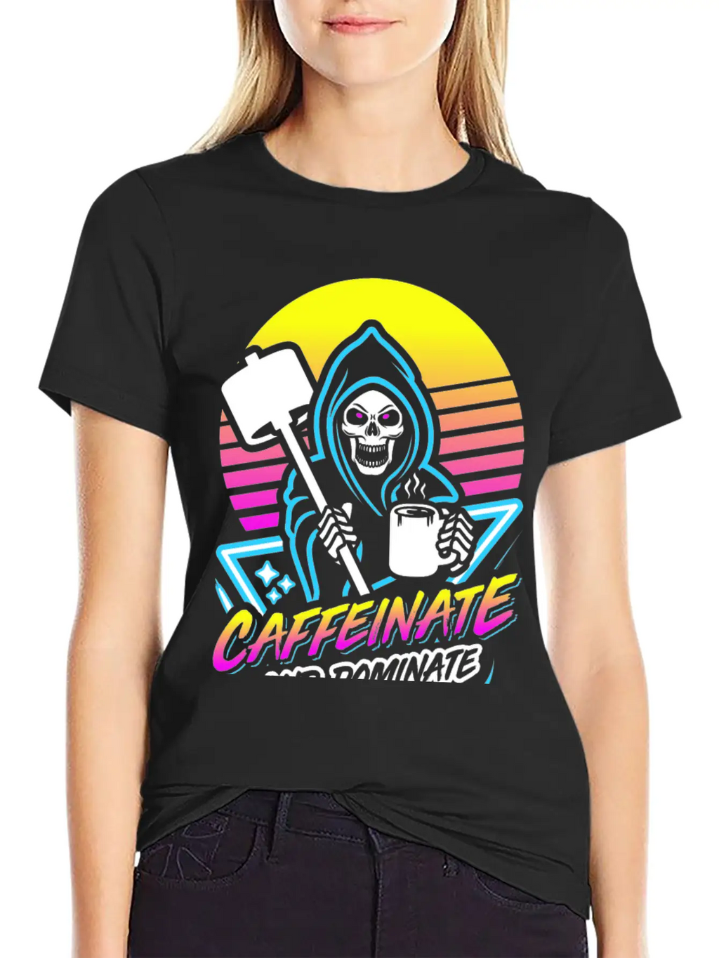 Caffeinate And Dominate (Gym Reaper) Retro Neon Basic Graphic T-Shirt – Daily Comfort In Soft Cotton