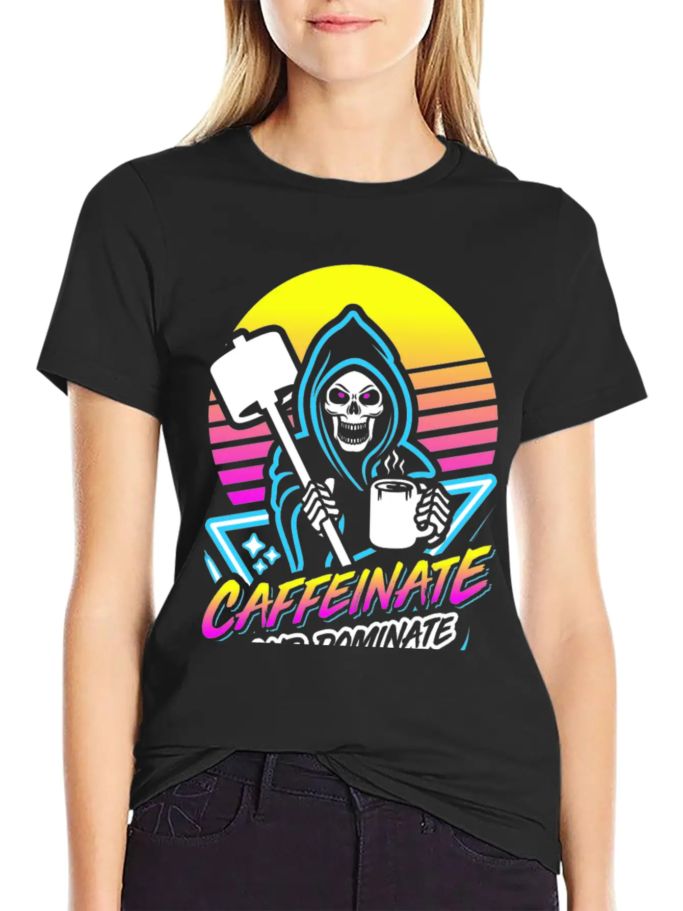 Caffeinate And Dominate (Gym Reaper) Retro Neon Basic Graphic T-Shirt – Daily Comfort In Soft Cotton