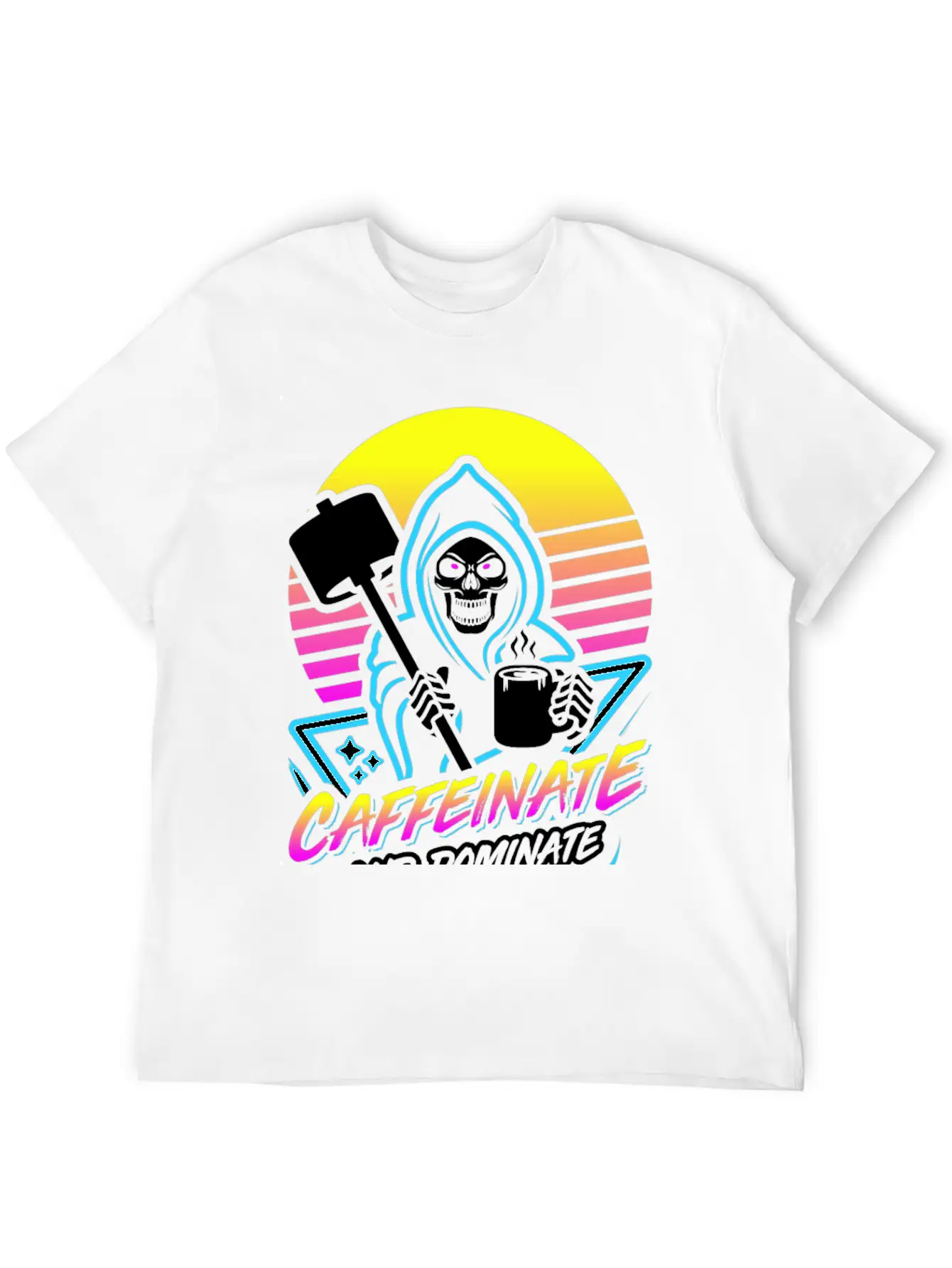 Caffeinate And Dominate (Gym Reaper) Retro Neon Basic Graphic T-Shirt – Daily Comfort In Soft Cotton