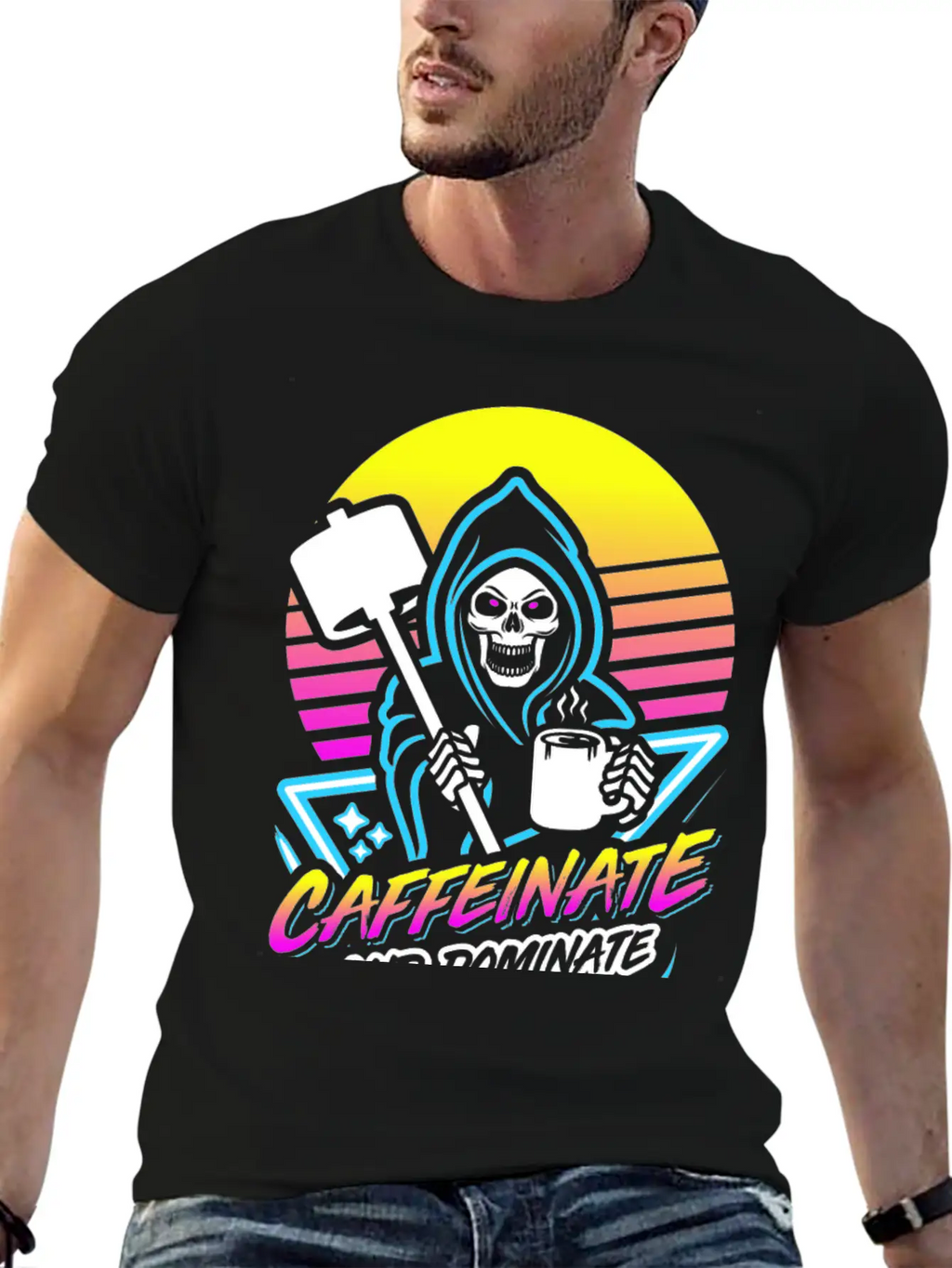 Caffeinate And Dominate (Gym Reaper) Retro Neon Basic Graphic T-Shirt – Daily Comfort In Soft Cotton