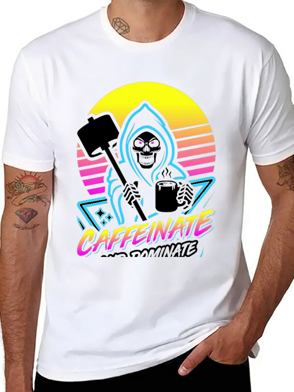 Caffeinate And Dominate (Gym Reaper) Retro Neon Basic Graphic T-Shirt – Daily Comfort In Soft Cotton