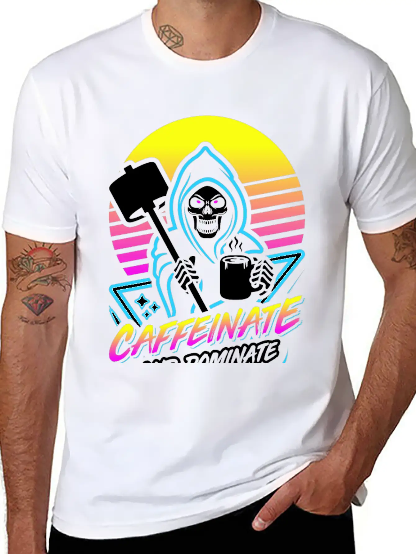 Caffeinate And Dominate (Gym Reaper) Retro Neon Basic Graphic T-Shirt – Daily Comfort In Soft Cotton