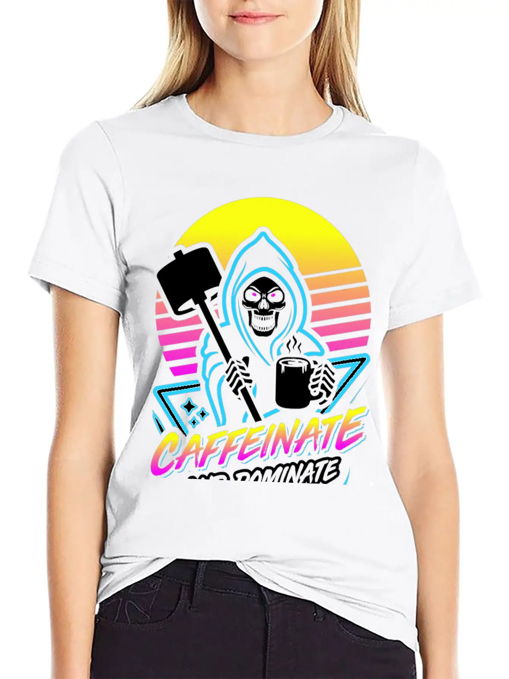 Caffeinate And Dominate (Gym Reaper) Retro Neon Basic Graphic T-Shirt – Daily Comfort In Soft Cotton