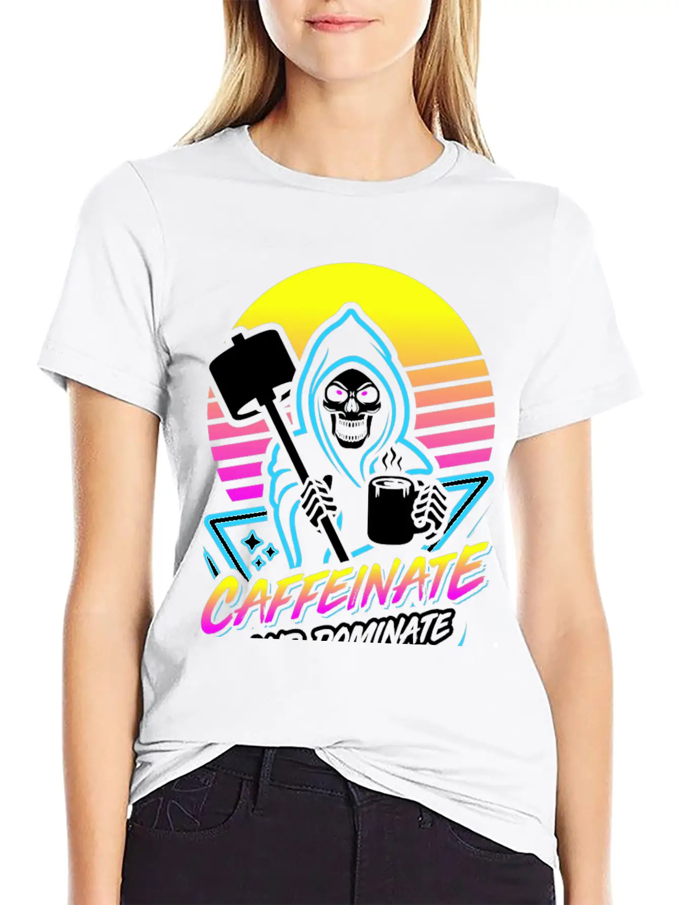 Caffeinate And Dominate (Gym Reaper) Retro Neon Basic Graphic T-Shirt – Daily Comfort In Soft Cotton