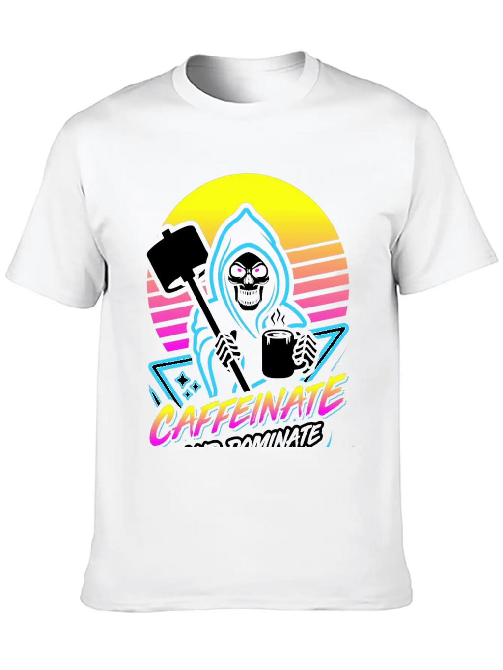 Caffeinate And Dominate (Gym Reaper) Retro Neon Basic Graphic T-Shirt – Daily Comfort In Soft Cotton