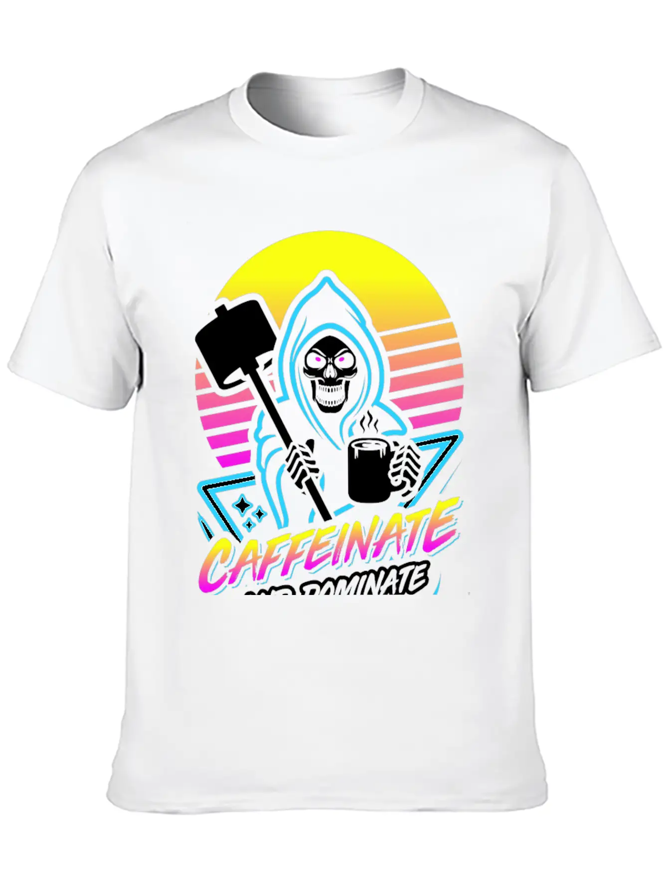 Caffeinate And Dominate (Gym Reaper) Retro Neon Basic Graphic T-Shirt – Daily Comfort In Soft Cotton