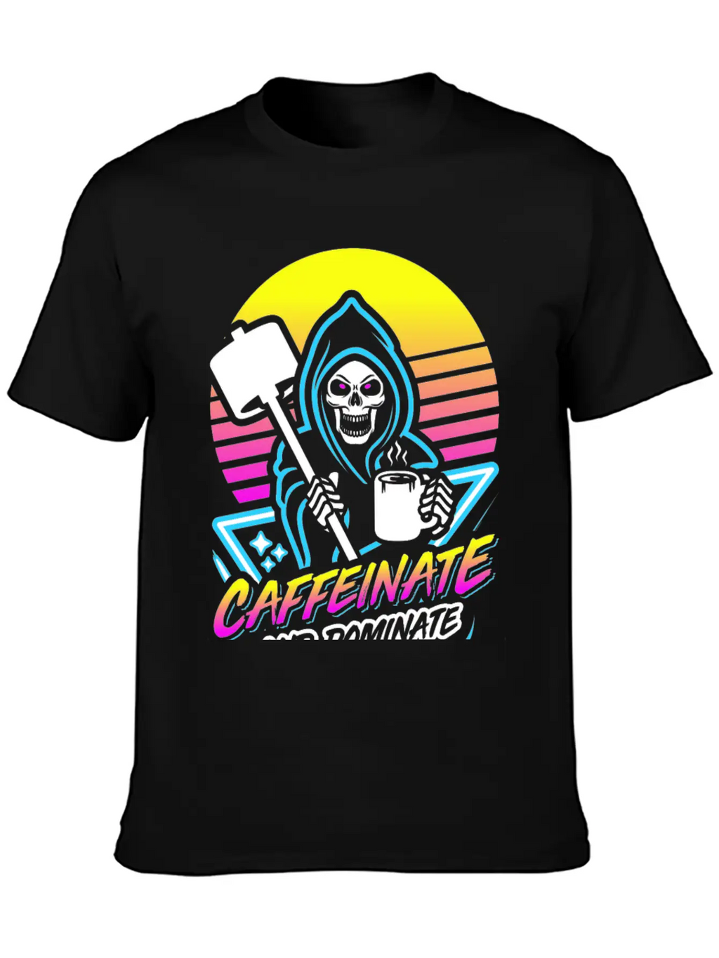 Caffeinate And Dominate (Gym Reaper) Retro Neon Basic Graphic T-Shirt – Daily Comfort In Soft Cotton