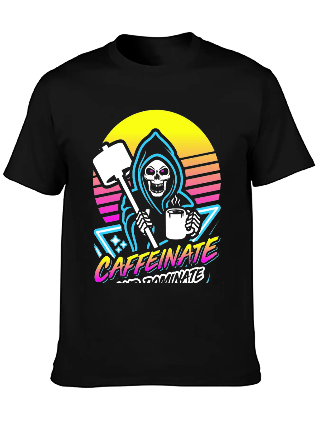 Caffeinate And Dominate (Gym Reaper) Retro Neon Basic Graphic T-Shirt – Daily Comfort In Soft Cotton