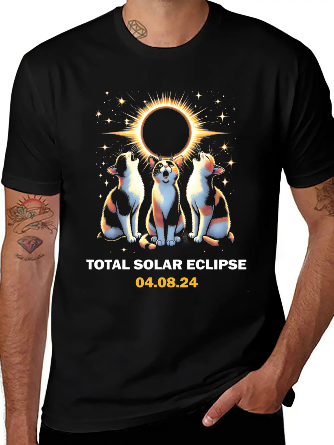 Calico Cat Howling At Total Solar Eclipse 8 April Breathable Graphic T-Shirt – Perfect For Casual Days