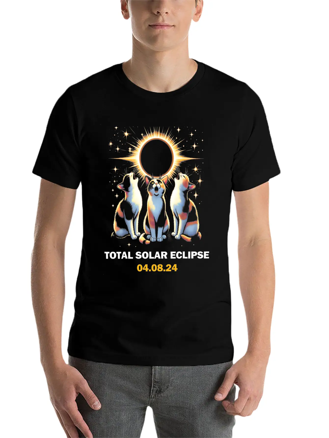 Calico Cat Howling At Total Solar Eclipse 8 April Breathable Graphic T-Shirt – Perfect For Casual Days