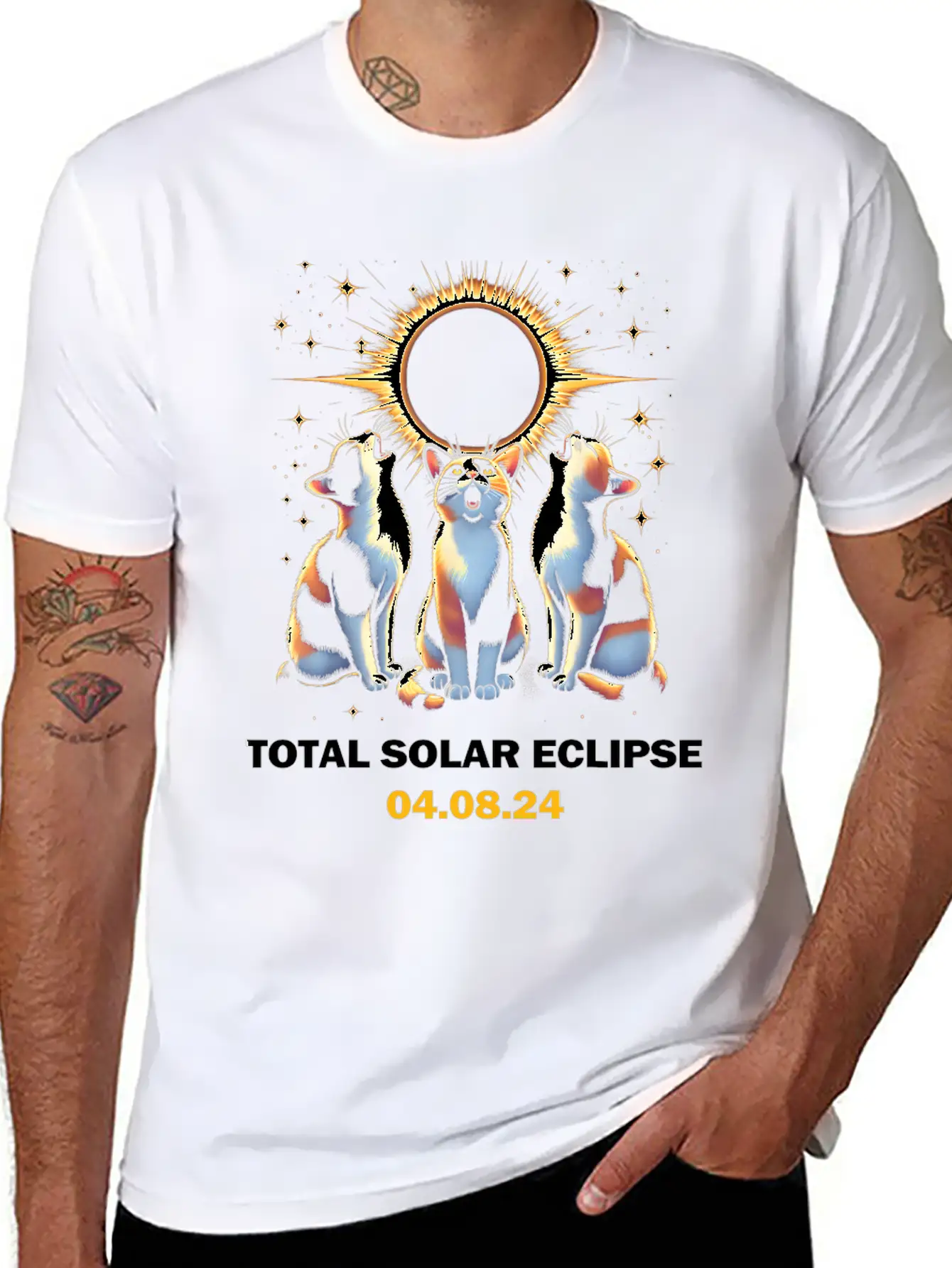 Calico Cat Howling At Total Solar Eclipse 8 April Breathable Graphic T-Shirt – Perfect For Casual Days