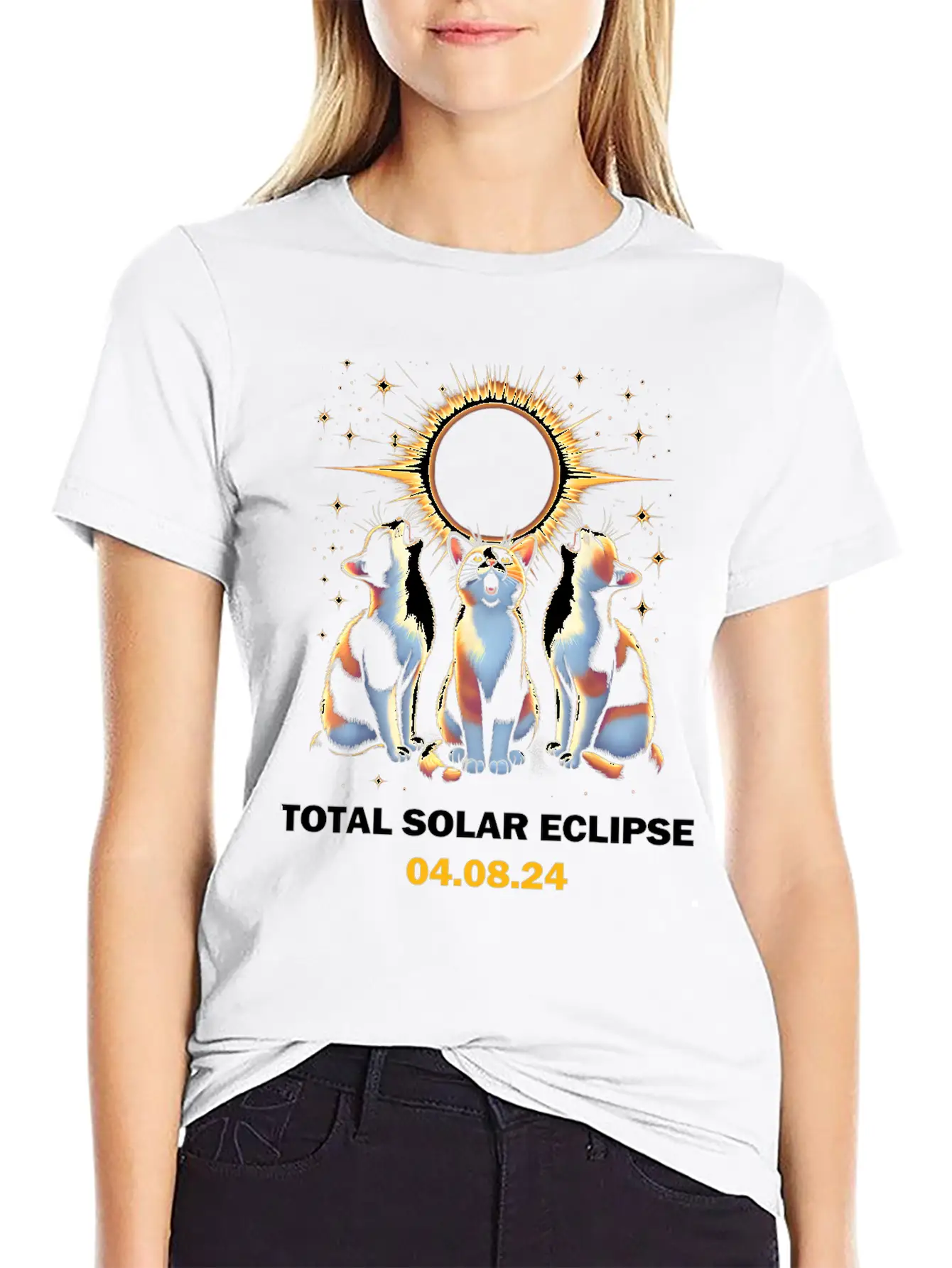 Calico Cat Howling At Total Solar Eclipse 8 April Breathable Graphic T-Shirt – Perfect For Casual Days