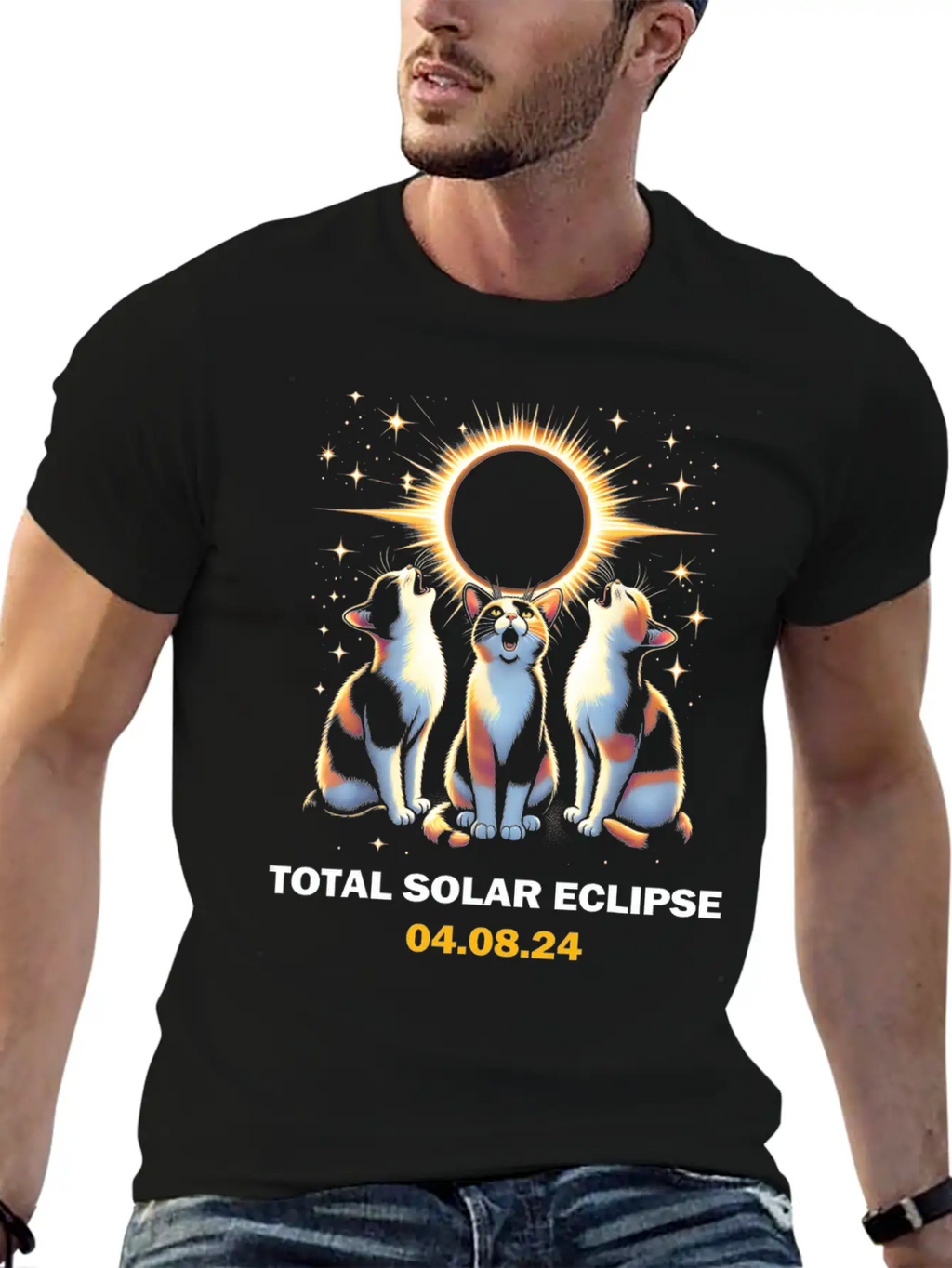 Calico Cat Howling At Total Solar Eclipse 8 April Breathable Graphic T-Shirt – Perfect For Casual Days