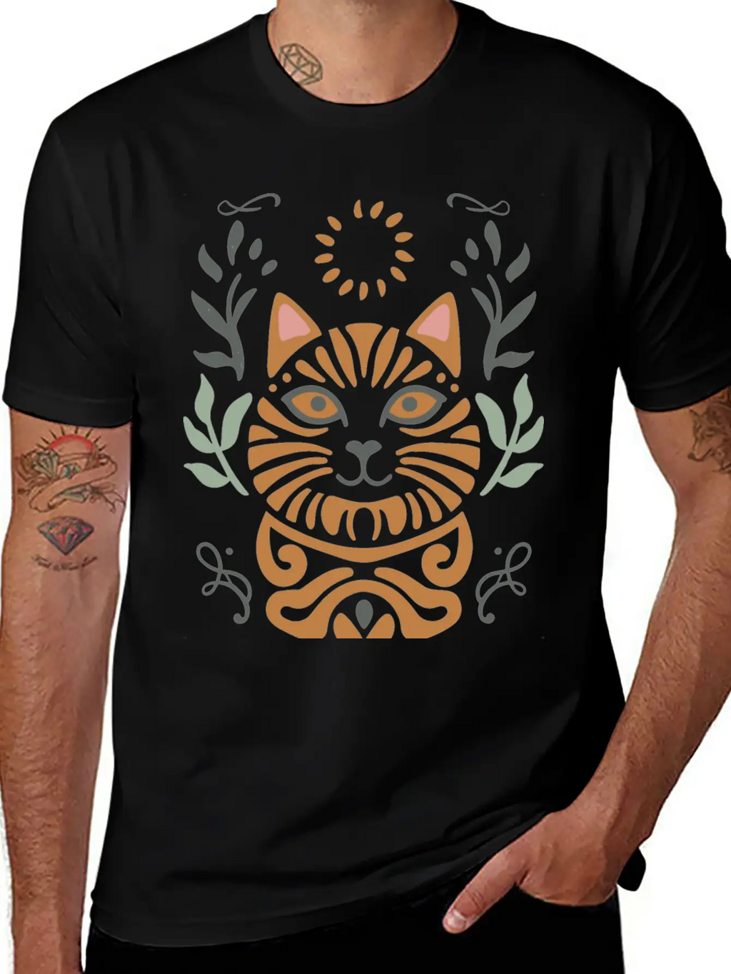 Cat Boho Style Design Basic Graphic T-Shirt – Daily Comfort In Soft Cotton