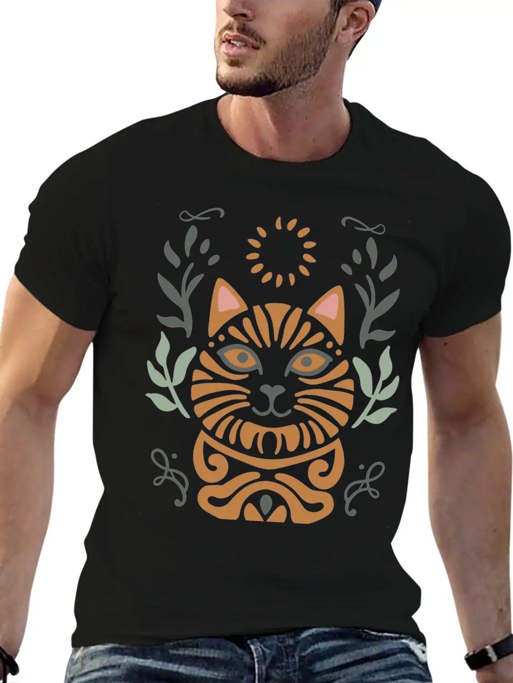 Cat Boho Style Design Basic Graphic T-Shirt – Daily Comfort In Soft Cotton