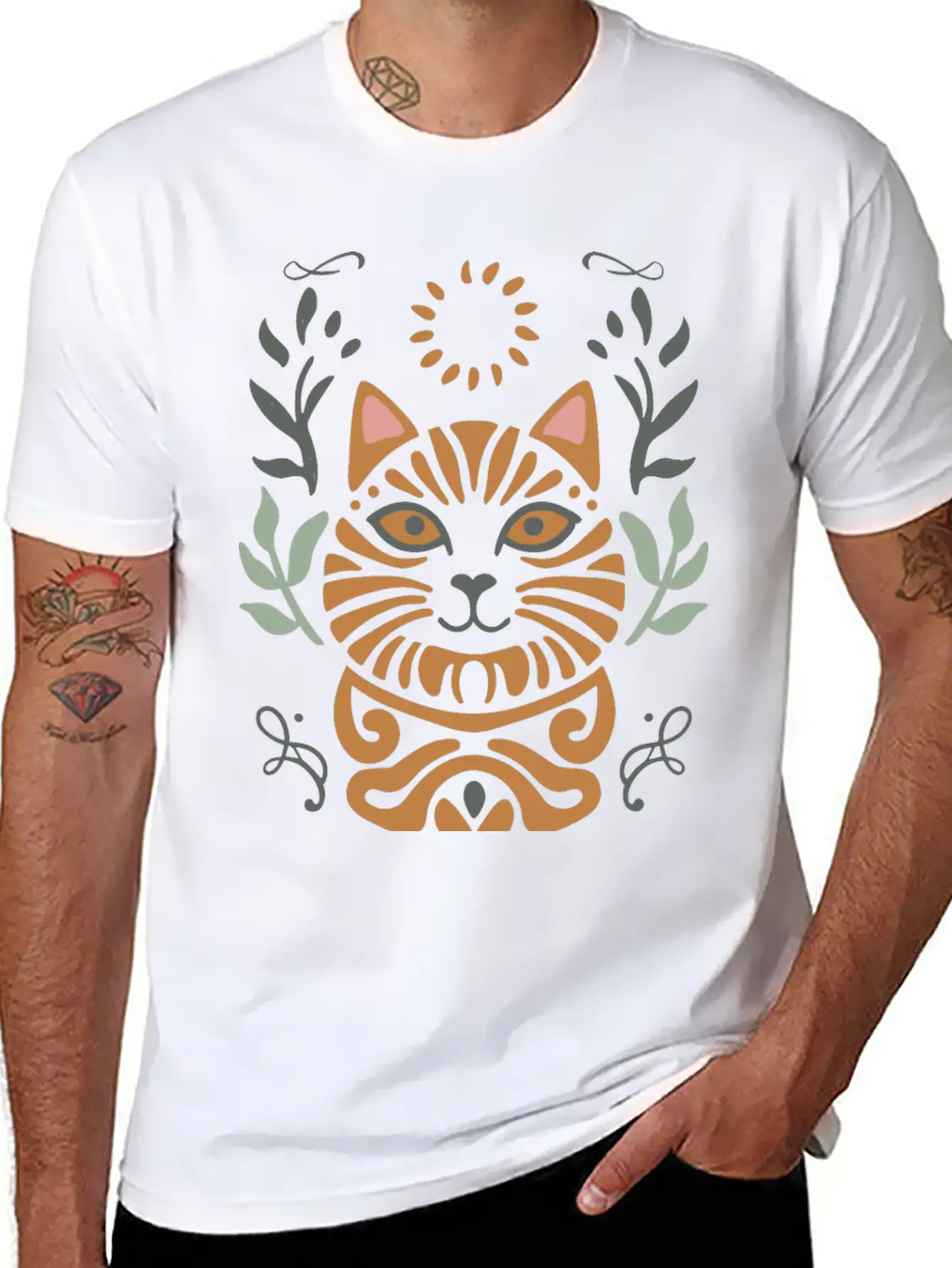 Cat Boho Style Design Basic Graphic T-Shirt – Daily Comfort In Soft Cotton