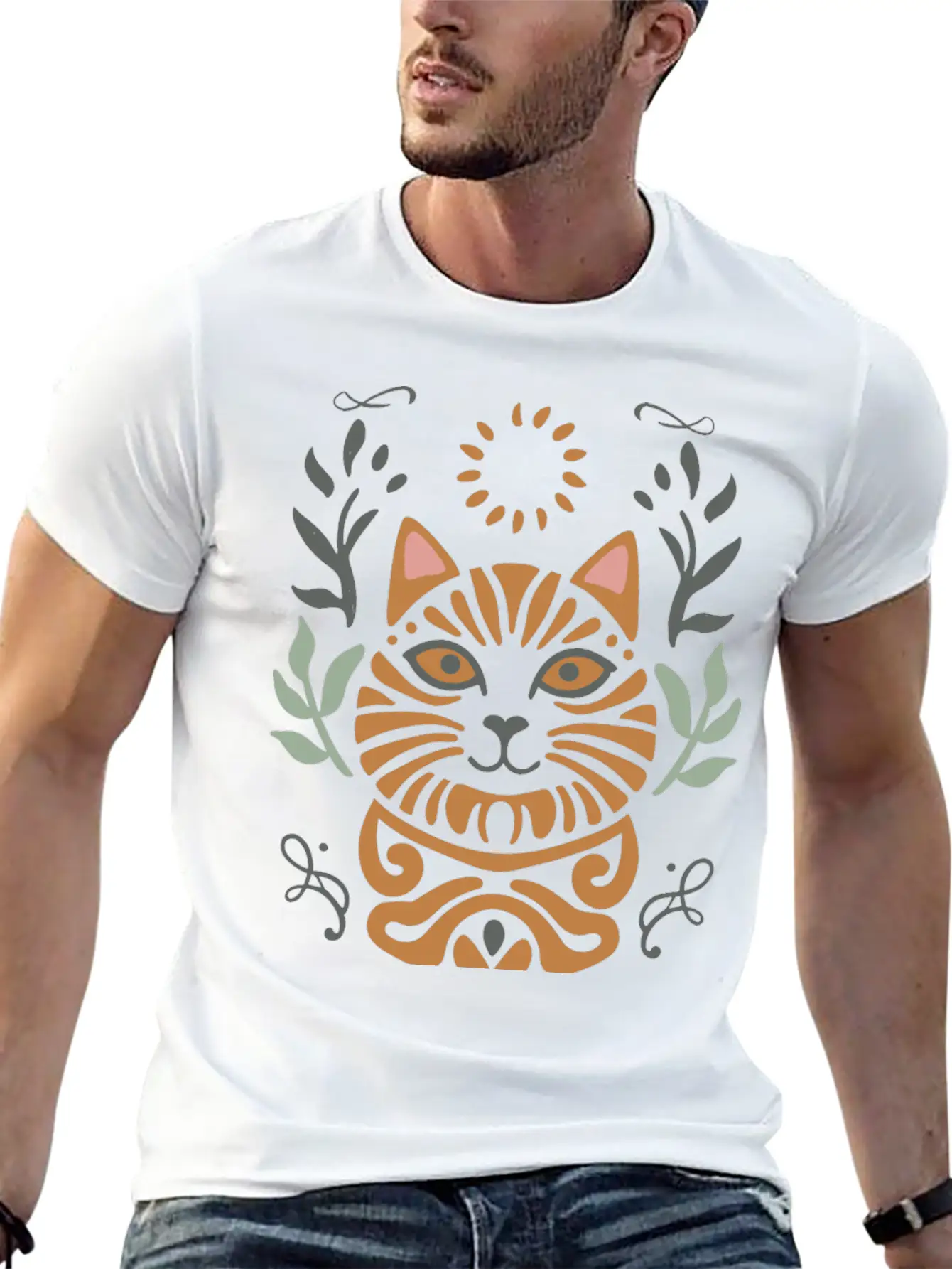 Cat Boho Style Design Basic Graphic T-Shirt – Daily Comfort In Soft Cotton