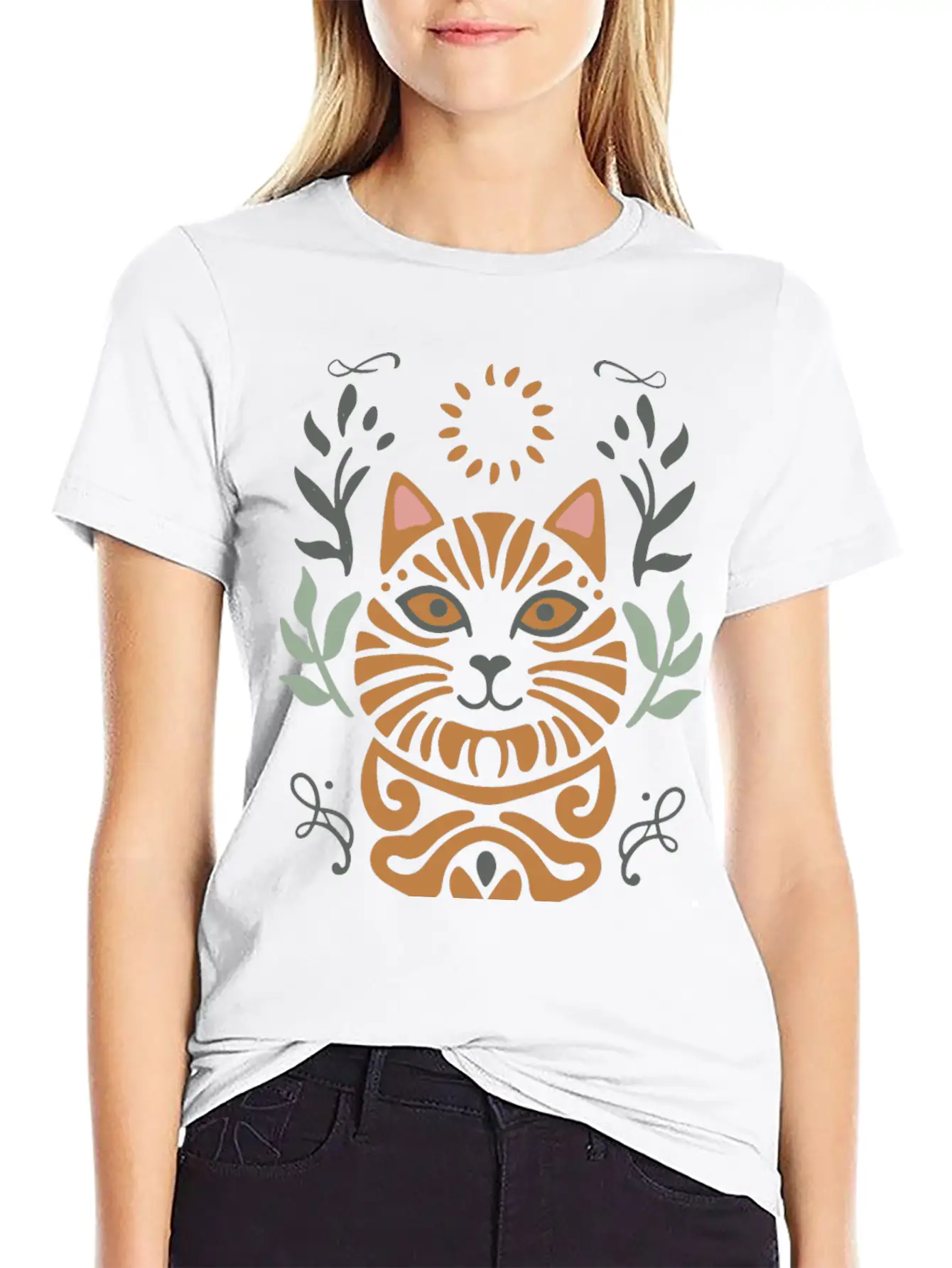 Cat Boho Style Design Basic Graphic T-Shirt – Daily Comfort In Soft Cotton