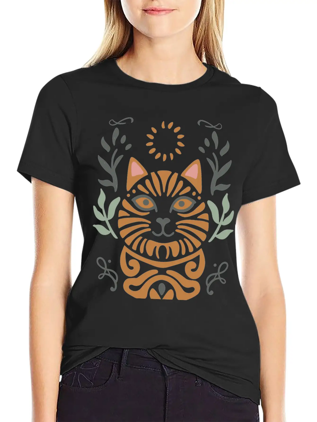 Cat Boho Style Design Basic Graphic T-Shirt – Daily Comfort In Soft Cotton