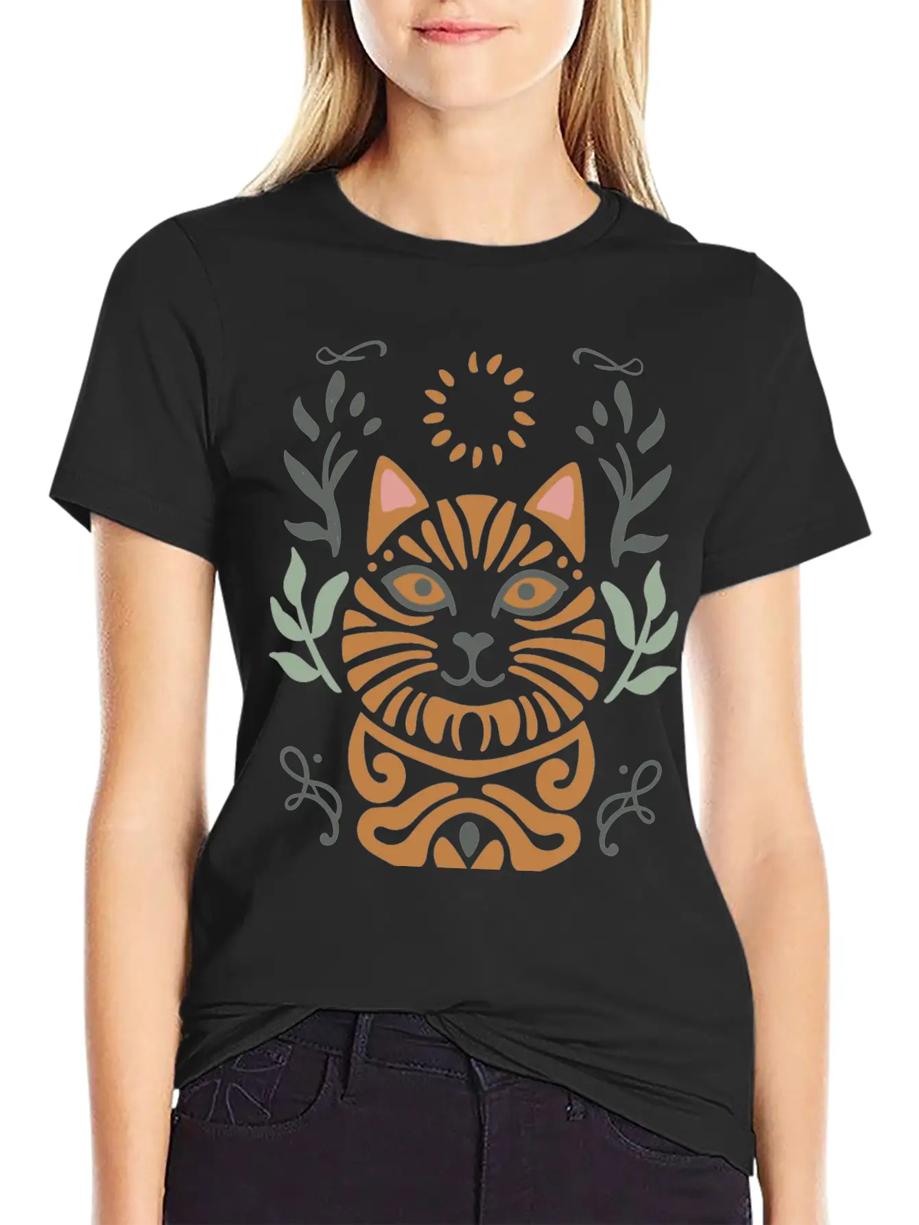 Cat Boho Style Design Basic Graphic T-Shirt – Daily Comfort In Soft Cotton