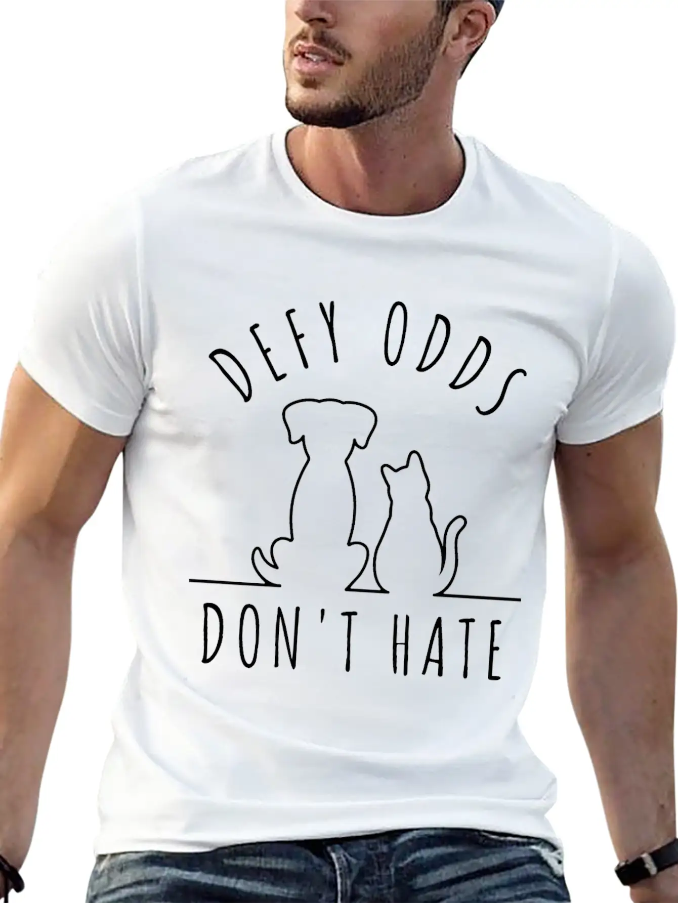 Cat Dog Defy Odds Dont Hate Stylish Everyday T-Shirt – Unisex Basic Cotton Tee