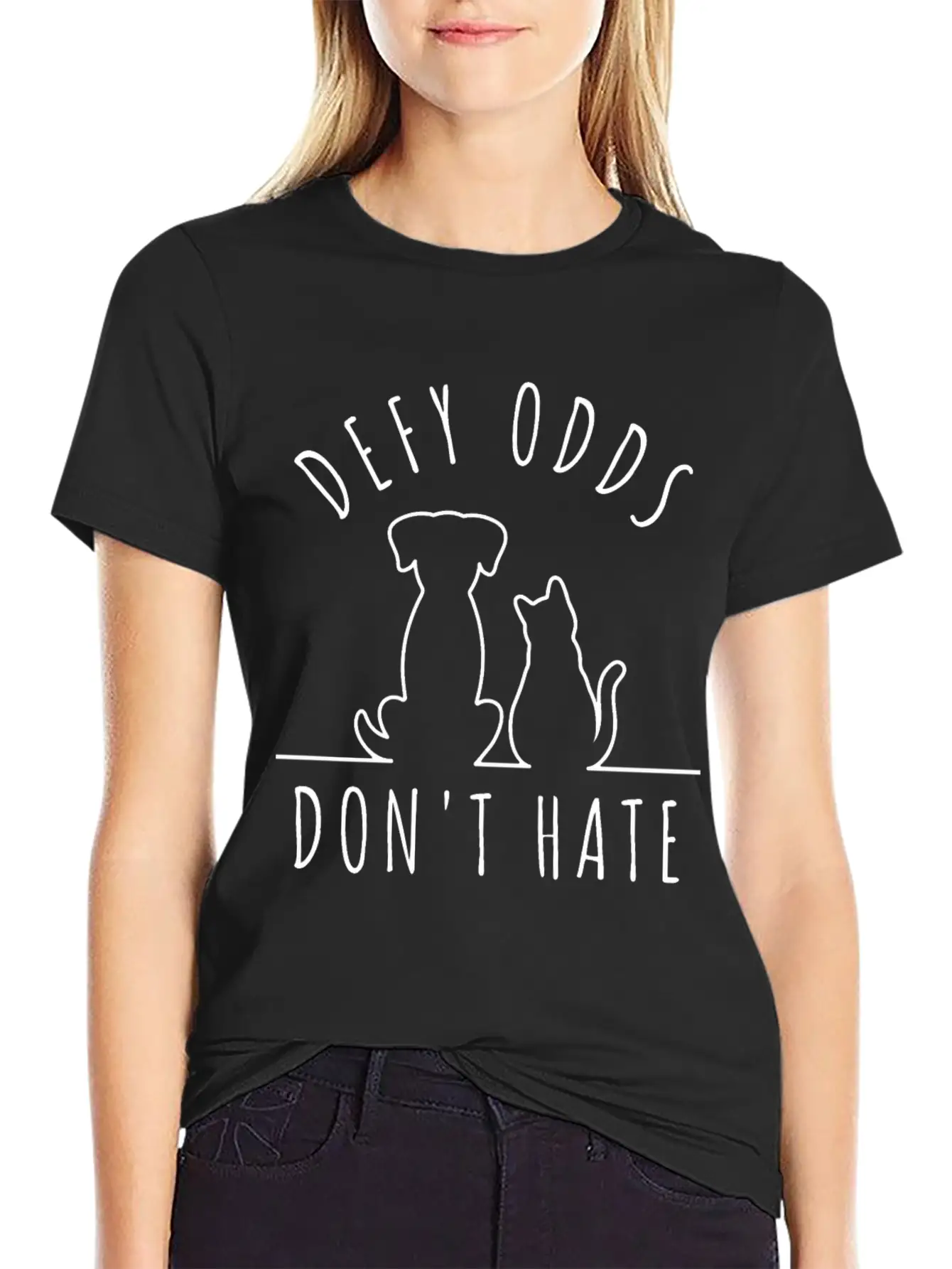 Cat Dog Defy Odds Dont Hate Stylish Everyday T-Shirt – Unisex Basic Cotton Tee