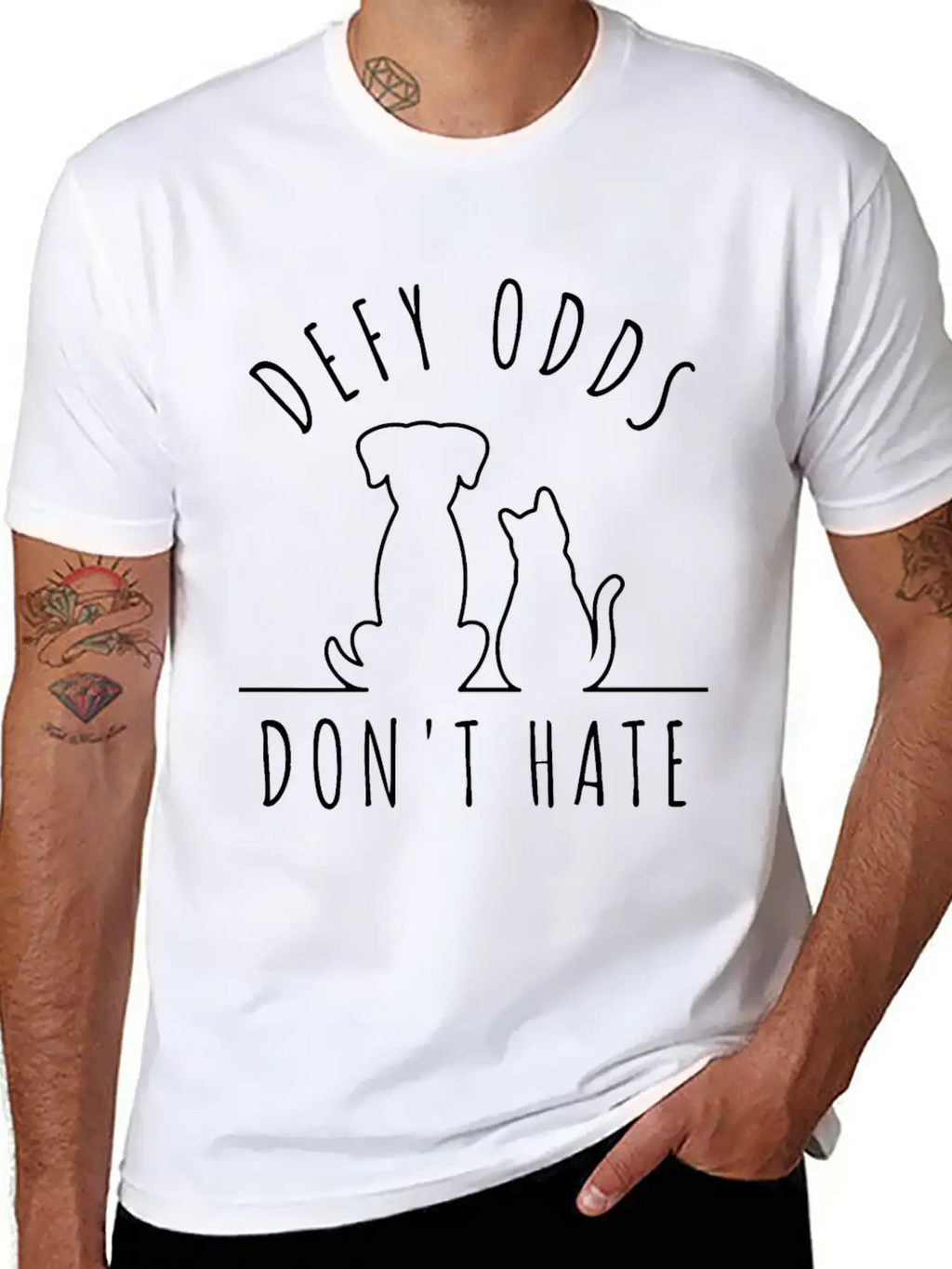 Cat Dog Defy Odds Dont Hate Stylish Everyday T-Shirt – Unisex Basic Cotton Tee