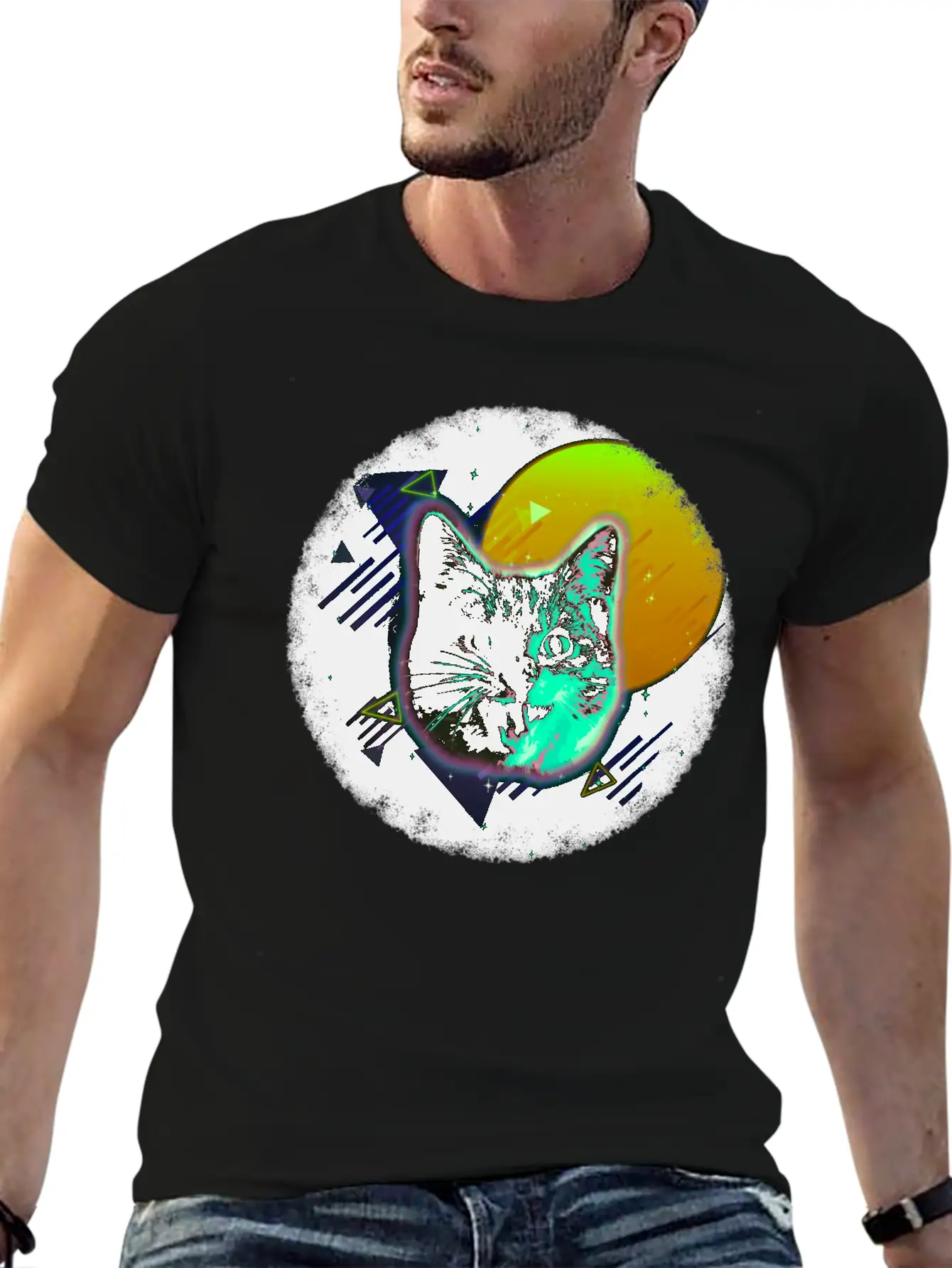 Cat Face Shirt Trippy Neon Rave 80s Disco Retro Kitten Tee Timeless Short Sleeve Tee – Comfy And Minimalist Design