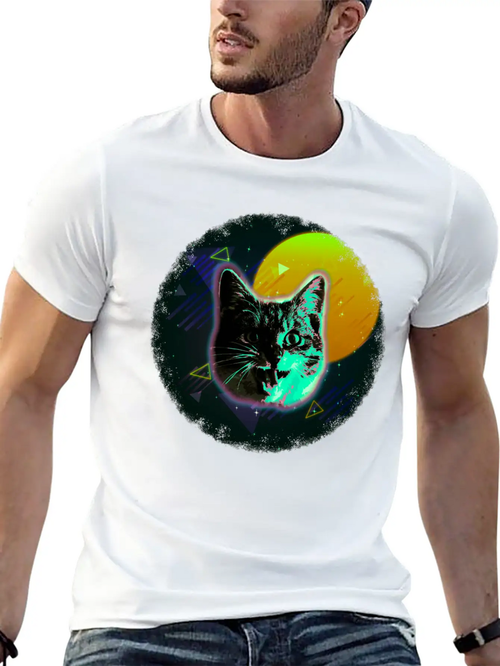 Cat Face Shirt Trippy Neon Rave 80s Disco Retro Kitten Tee Timeless Short Sleeve Tee – Comfy And Minimalist Design