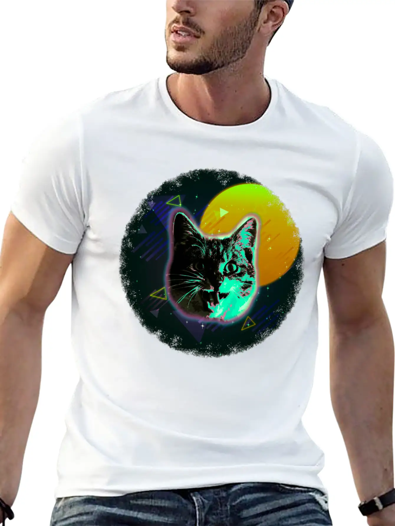 Cat Face Shirt Trippy Neon Rave 80s Disco Retro Kitten Tee Timeless Short Sleeve Tee – Comfy And Minimalist Design