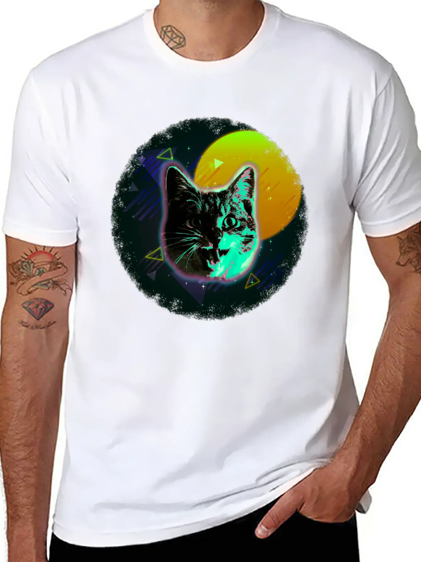Cat Face Shirt Trippy Neon Rave 80s Disco Retro Kitten Tee Timeless Short Sleeve Tee – Comfy And Minimalist Design