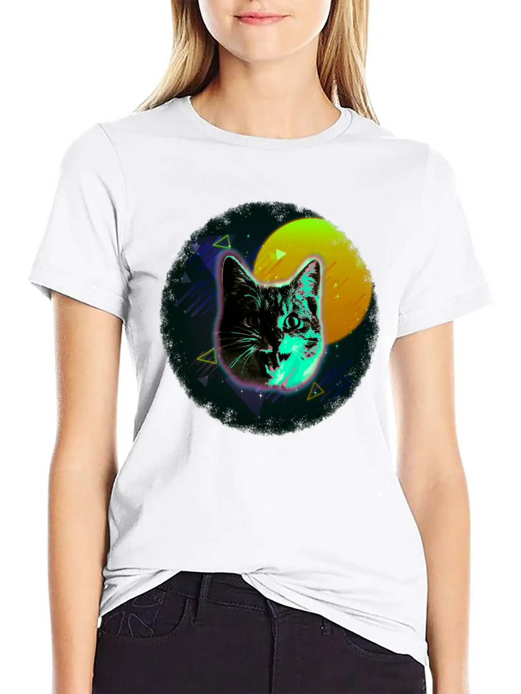 Cat Face Shirt Trippy Neon Rave 80s Disco Retro Kitten Tee Timeless Short Sleeve Tee – Comfy And Minimalist Design