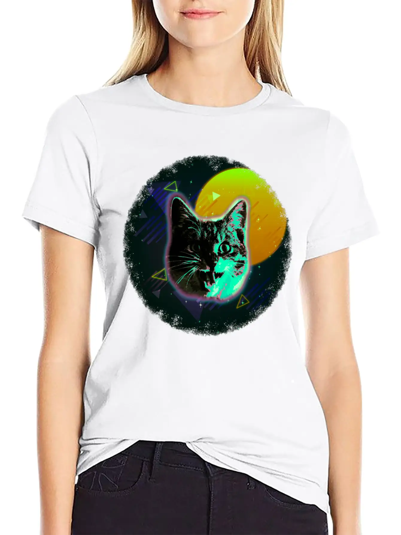 Cat Face Shirt Trippy Neon Rave 80s Disco Retro Kitten Tee Timeless Short Sleeve Tee – Comfy And Minimalist Design