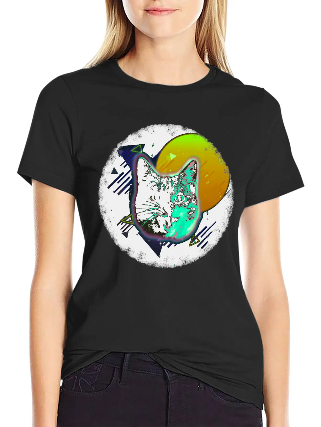 Cat Face Shirt Trippy Neon Rave 80s Disco Retro Kitten Tee Timeless Short Sleeve Tee – Comfy And Minimalist Design