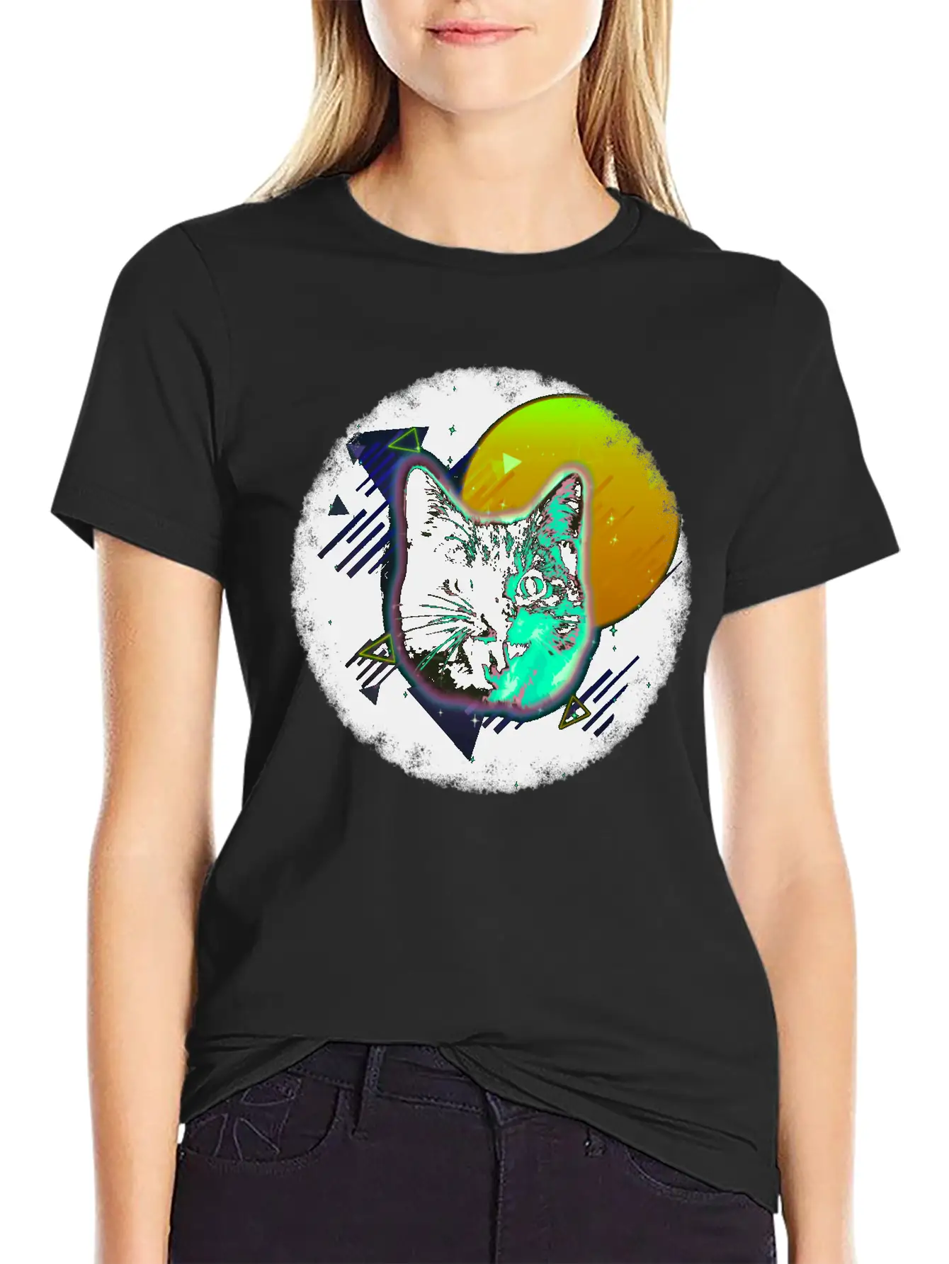 Cat Face Shirt Trippy Neon Rave 80s Disco Retro Kitten Tee Timeless Short Sleeve Tee – Comfy And Minimalist Design