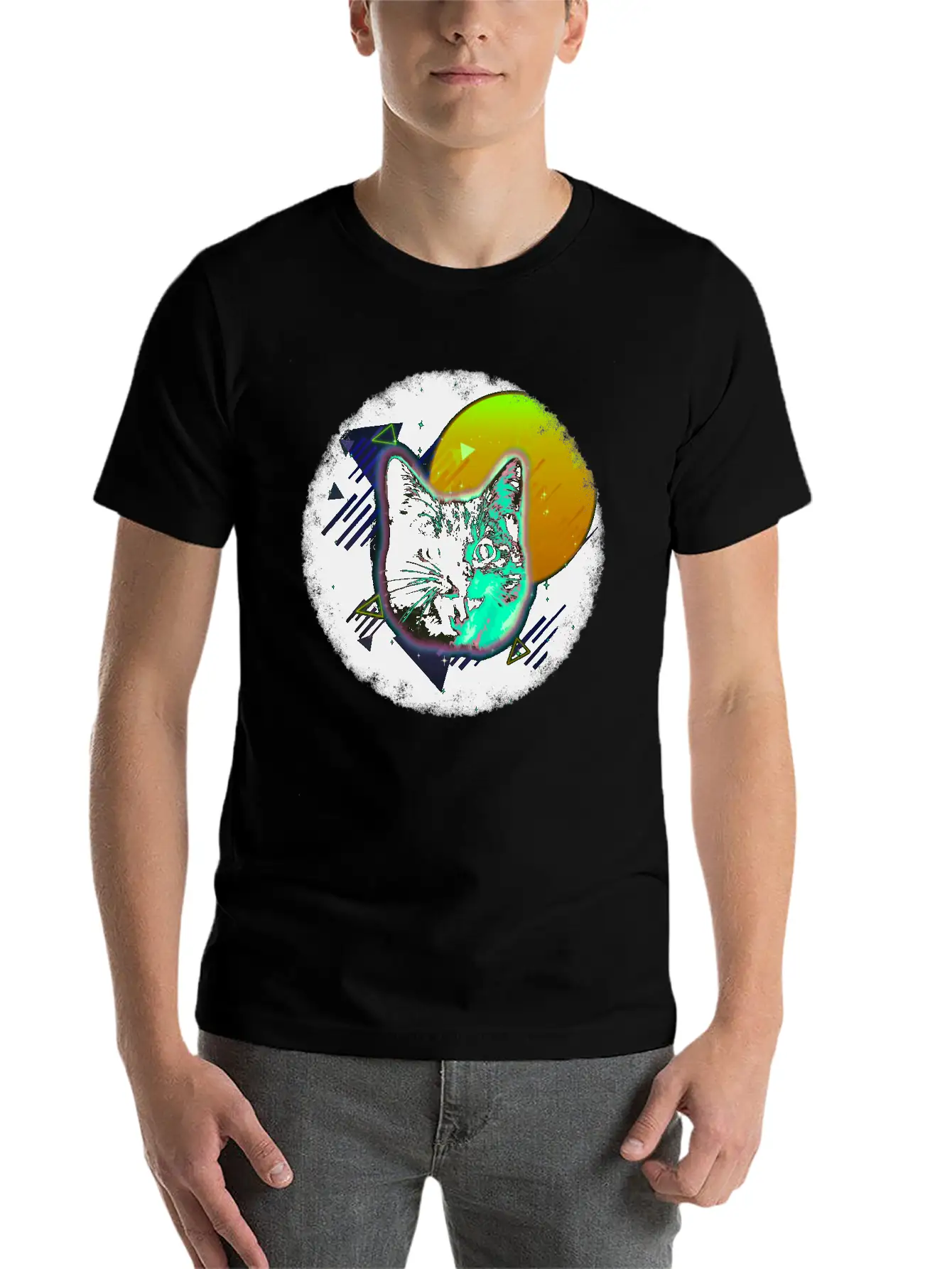 Cat Face Shirt Trippy Neon Rave 80s Disco Retro Kitten Tee Timeless Short Sleeve Tee – Comfy And Minimalist Design