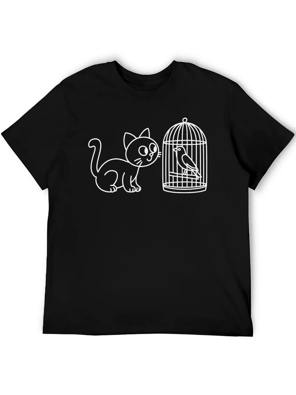 Cat Staring Into Birdcage Doodle Vector One Color Breathable Graphic T-Shirt – Perfect For Casual Days