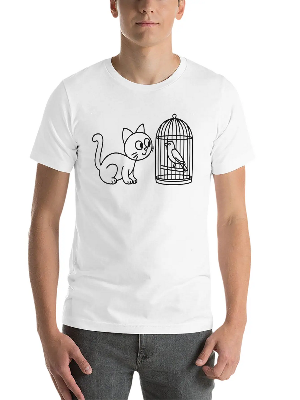 Cat Staring Into Birdcage Doodle Vector One Color Breathable Graphic T-Shirt – Perfect For Casual Days