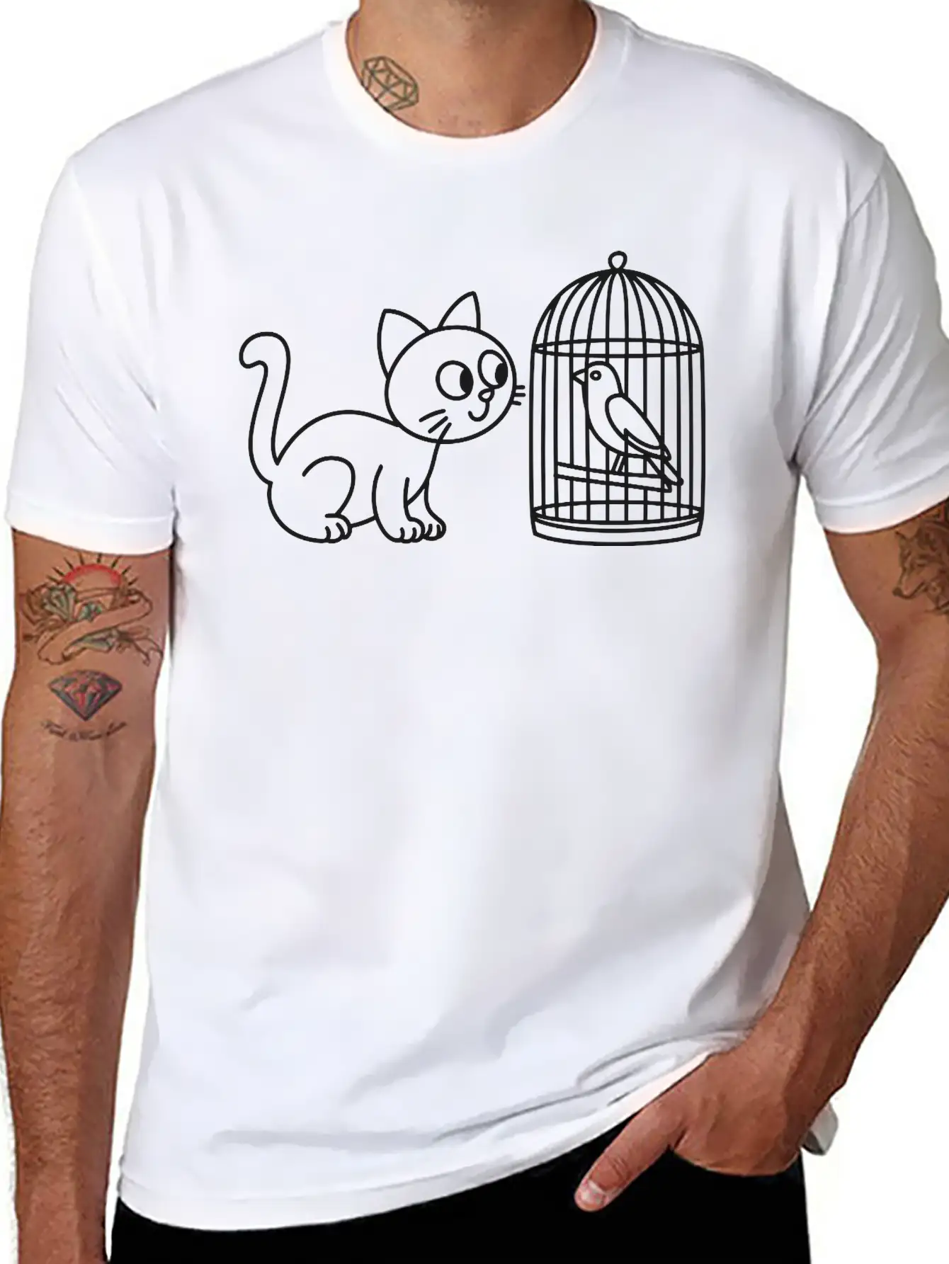 Cat Staring Into Birdcage Doodle Vector One Color Breathable Graphic T-Shirt – Perfect For Casual Days