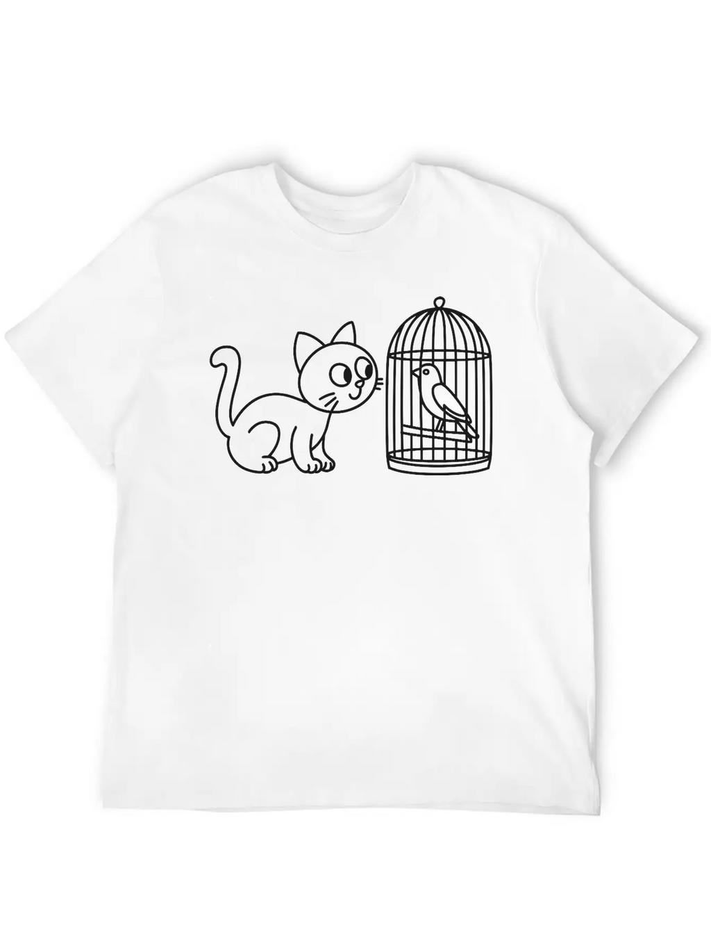 Cat Staring Into Birdcage Doodle Vector One Color Breathable Graphic T-Shirt – Perfect For Casual Days